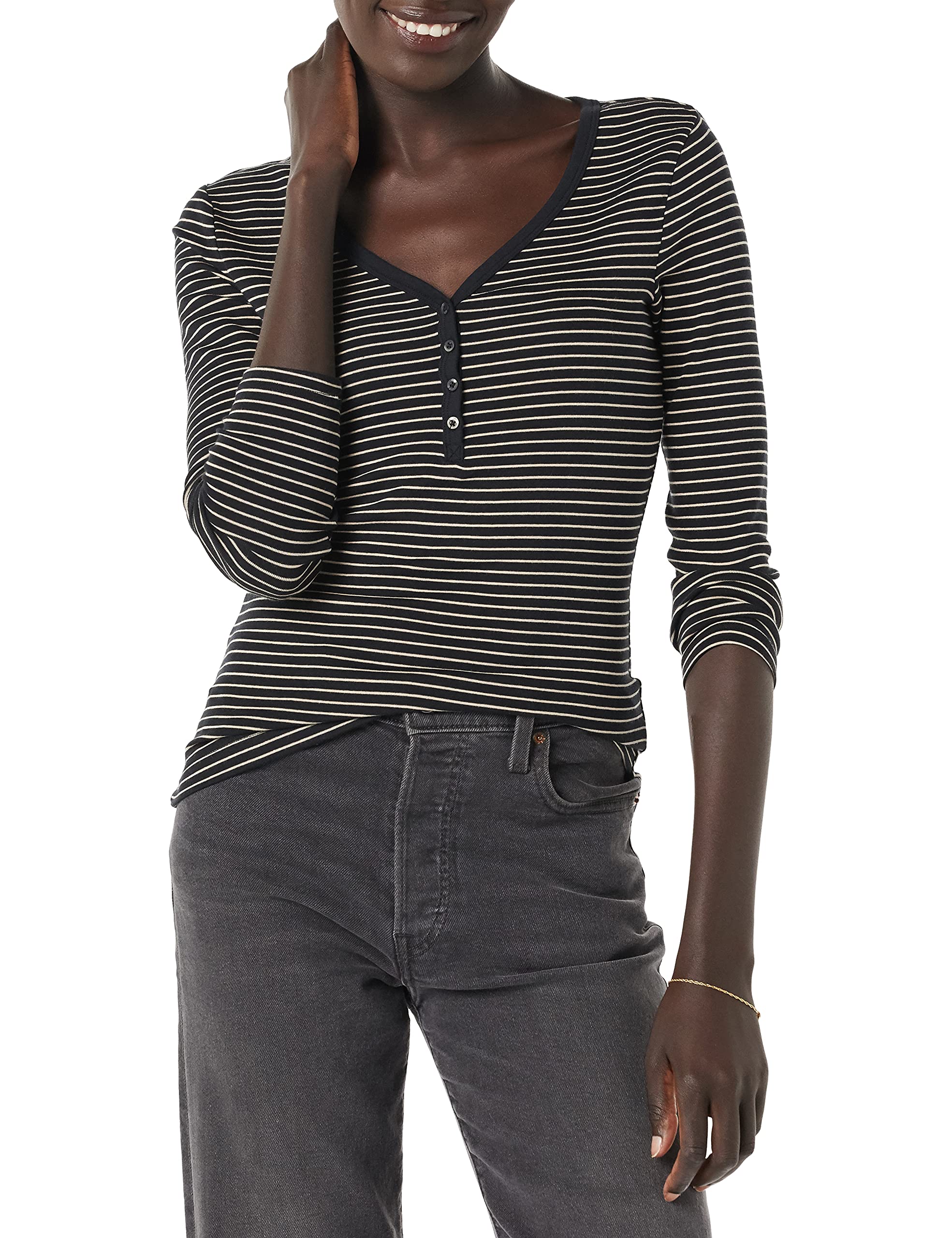 Photo 1 of Amazon Essentials Women's Ribbed Knit Long Sleeve Henley Slim Fit T-Shirt Small Black, Stripe
