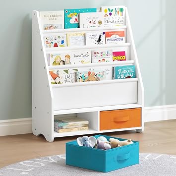UTEX Kids Bookshelf with Storage Bins, Sling Book Shelf for Kids Rooms | 4-Tier Toddler Bookshelf, Montessori Book Dispaly Rack, 2 Drawers, Toddler Room, Kids Room, Sturdy, Kids Gift, White