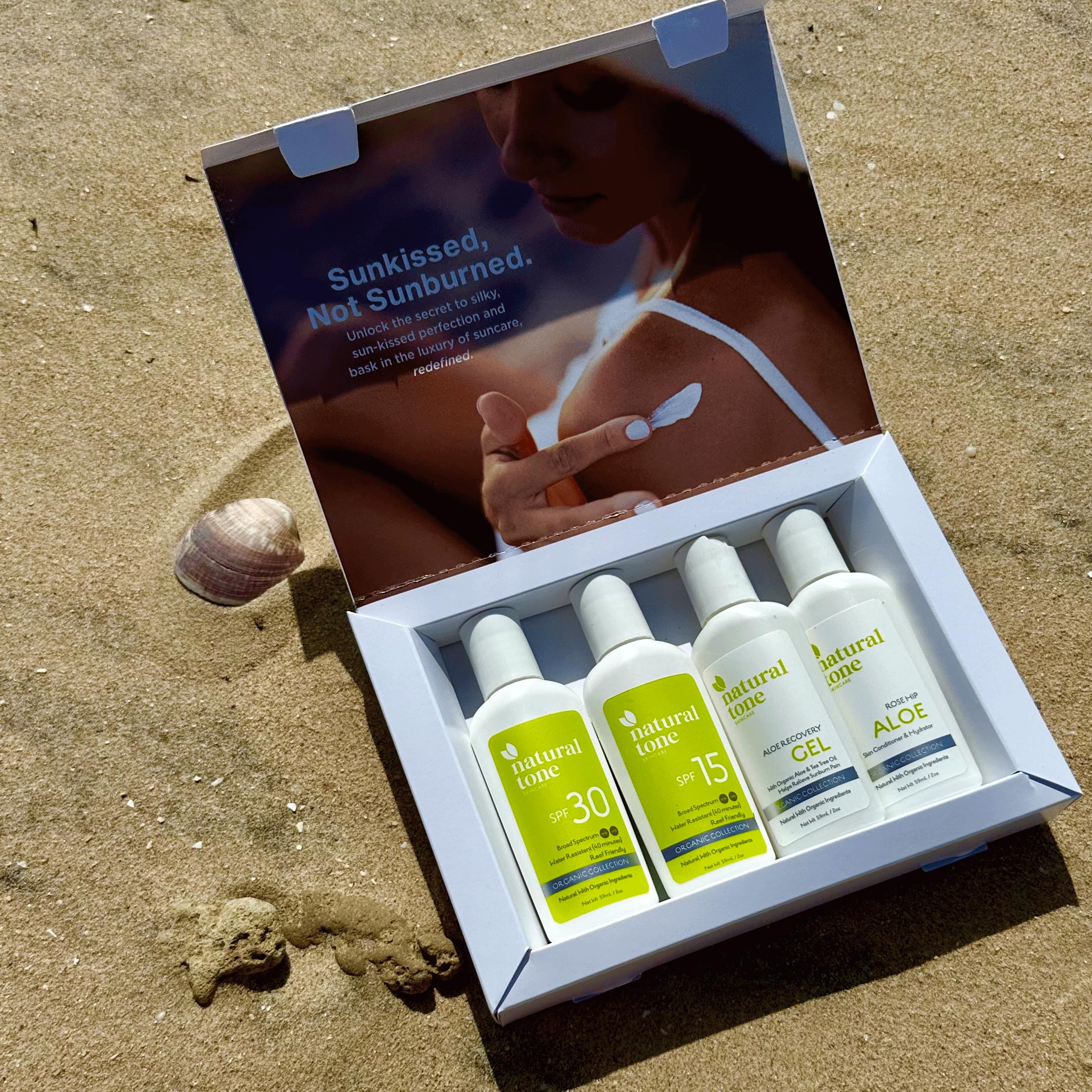 Amazon.com : Natural Tone Organic Skincare Suncare Essentials Travel Pack  in 59ml Bottles | SPF 30 & 15 Sunscreen, Rosehip Aloe Lotion, Recovery Gel  | TSA-Friendly, Reef-Safe, Vegan : Beauty & Personal Care