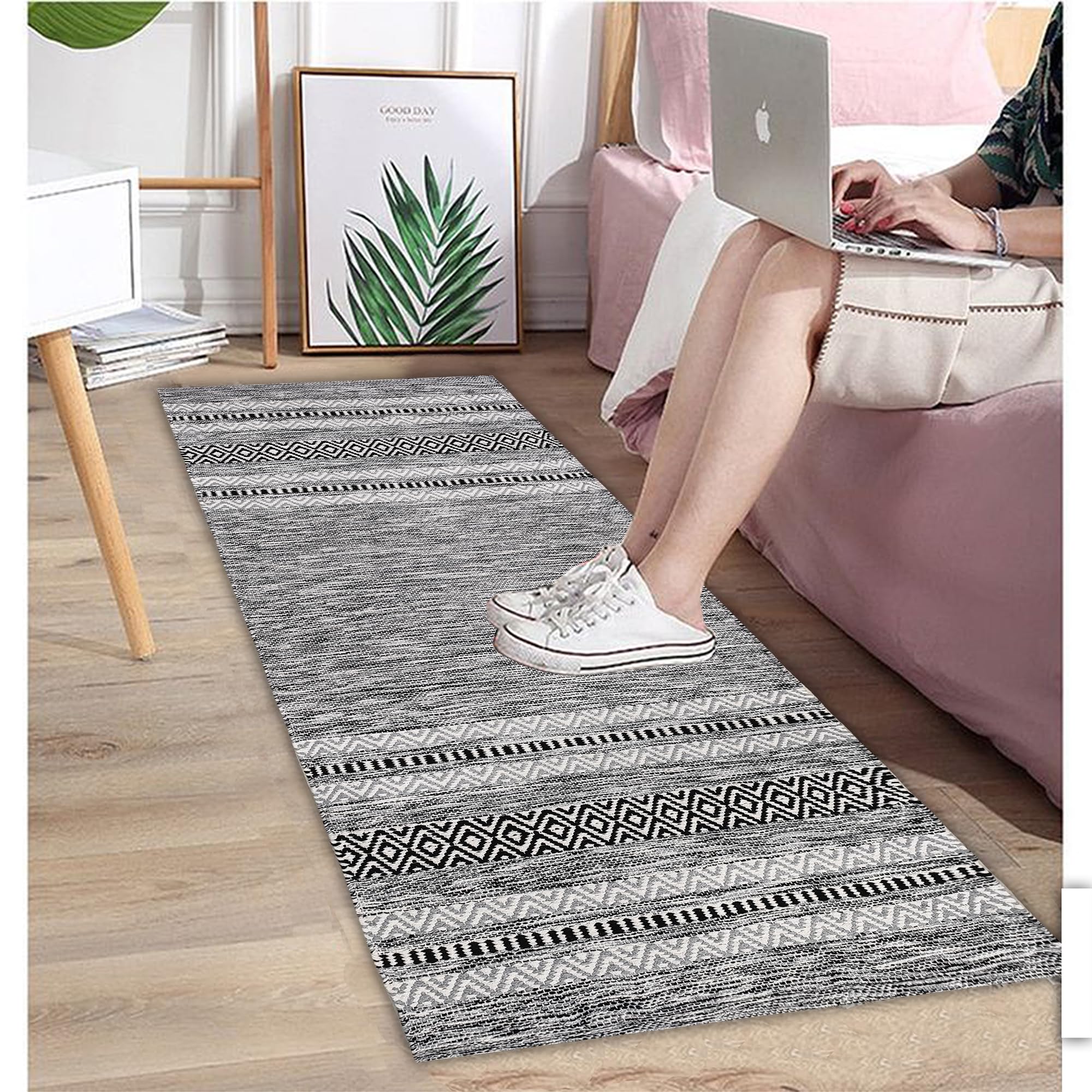Handmade Beside Runner for Bedroom|Handmade Cotton Bedside Runner | Soft & Lightweight Runner for Bedroom, Living Room & Home Décor (2x5 ft) (Black-ZZ)-image-6