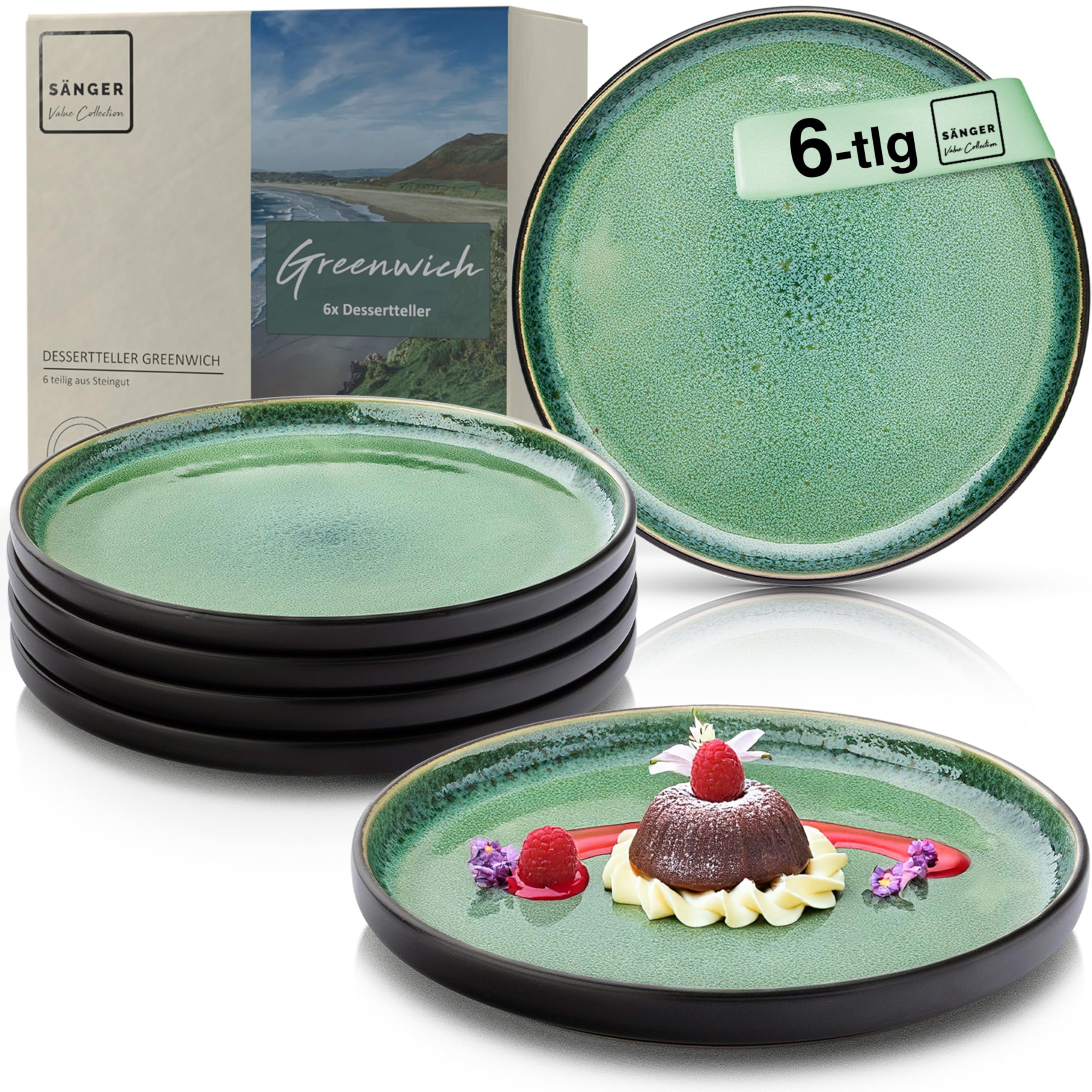SÄNGER Greenwich | Dessertteller 6-teilig, Steingut Teller Set 6 Personen, Kuchenteller kleine Teller spülmaschinenfest mikrowellenfest multifunktional, Steingut Geschirr grün | VALUE COLLECTION
