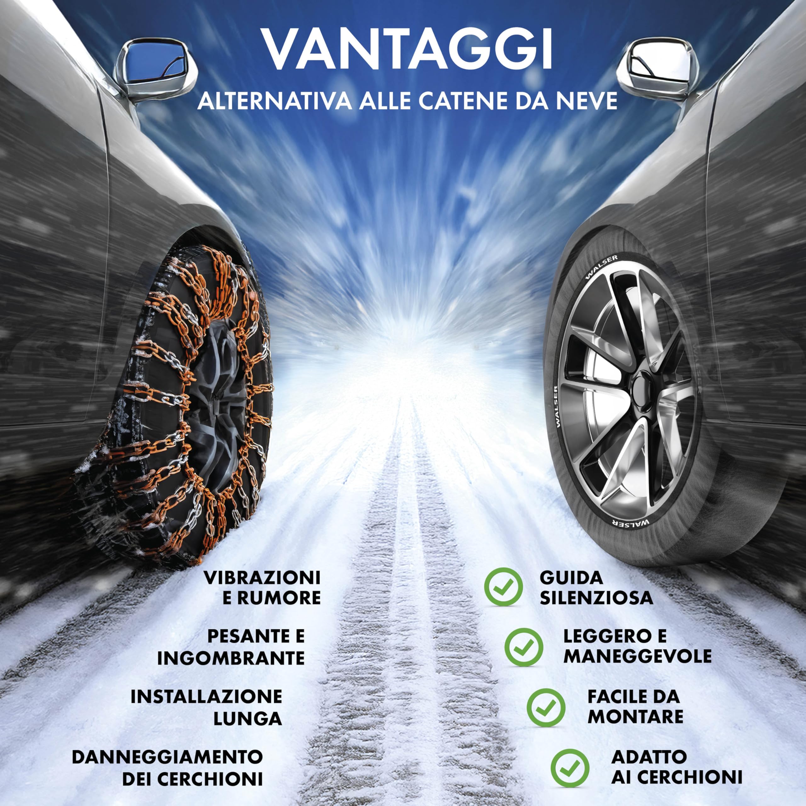 WALSER Premium Calze da Neve Omologate Italia EN 16662-1, Set di 2 Catene Invernali per Auto Grigio/Nero, Snow Sock R13-R22 XL