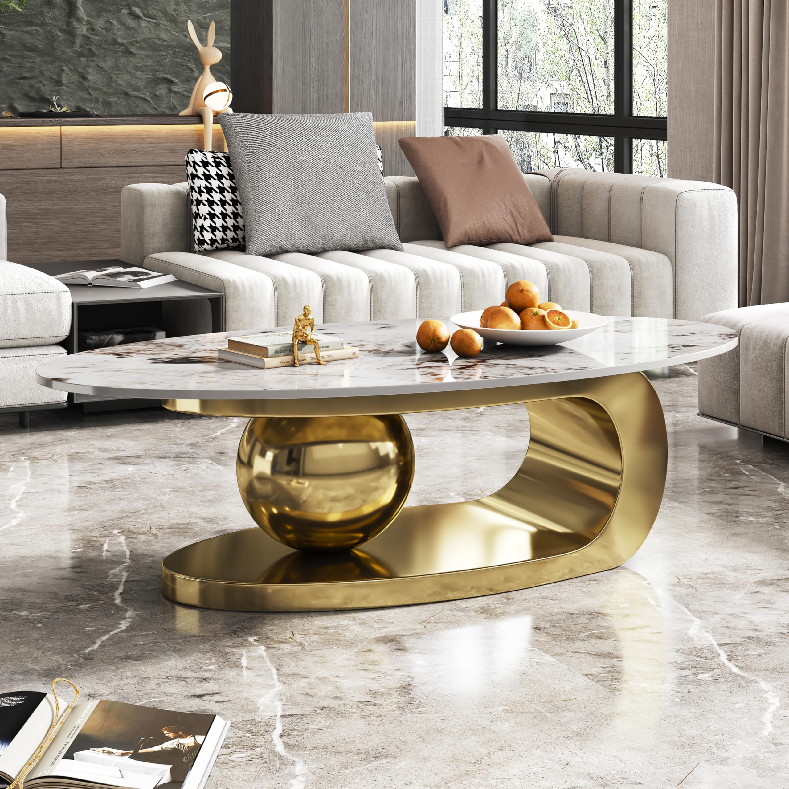 Modern Oval Faux Marble Coffee Table, 51.2" Sintered Stone Center Table with Gold Stainless Steel Base, Luxury Marble Pattern Cocktail Tea Table for Living Room Office Reception Room. *base only*