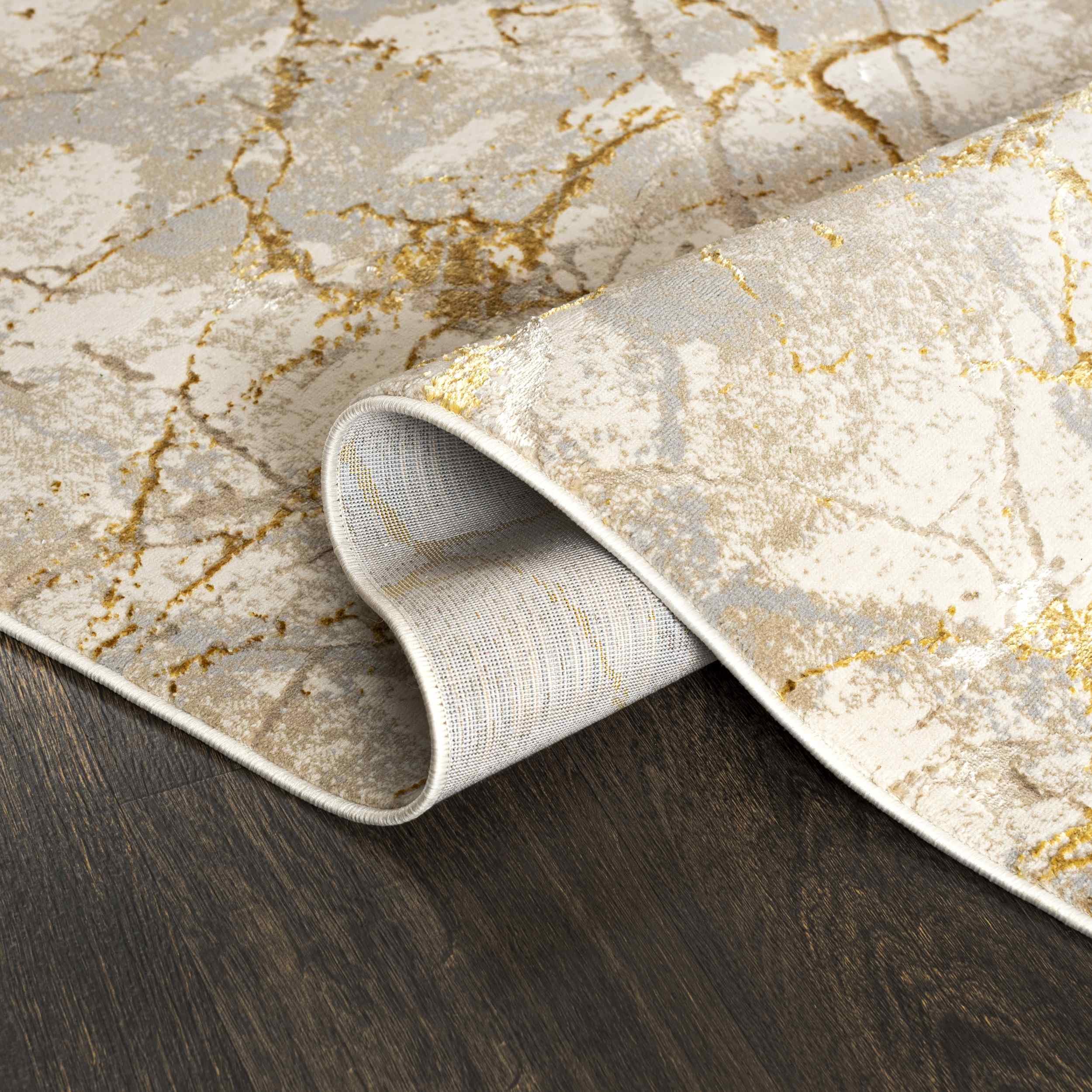 Mazovia Tappeto per Corridoio - Passatoia Corridoio Moderne - Motivo Astratto - Tappeto a pelo Corto per Ingresso, Salotto - Certificato Oeko-Tex - Tappeto Beige Crema con Oro 70x750 cm
