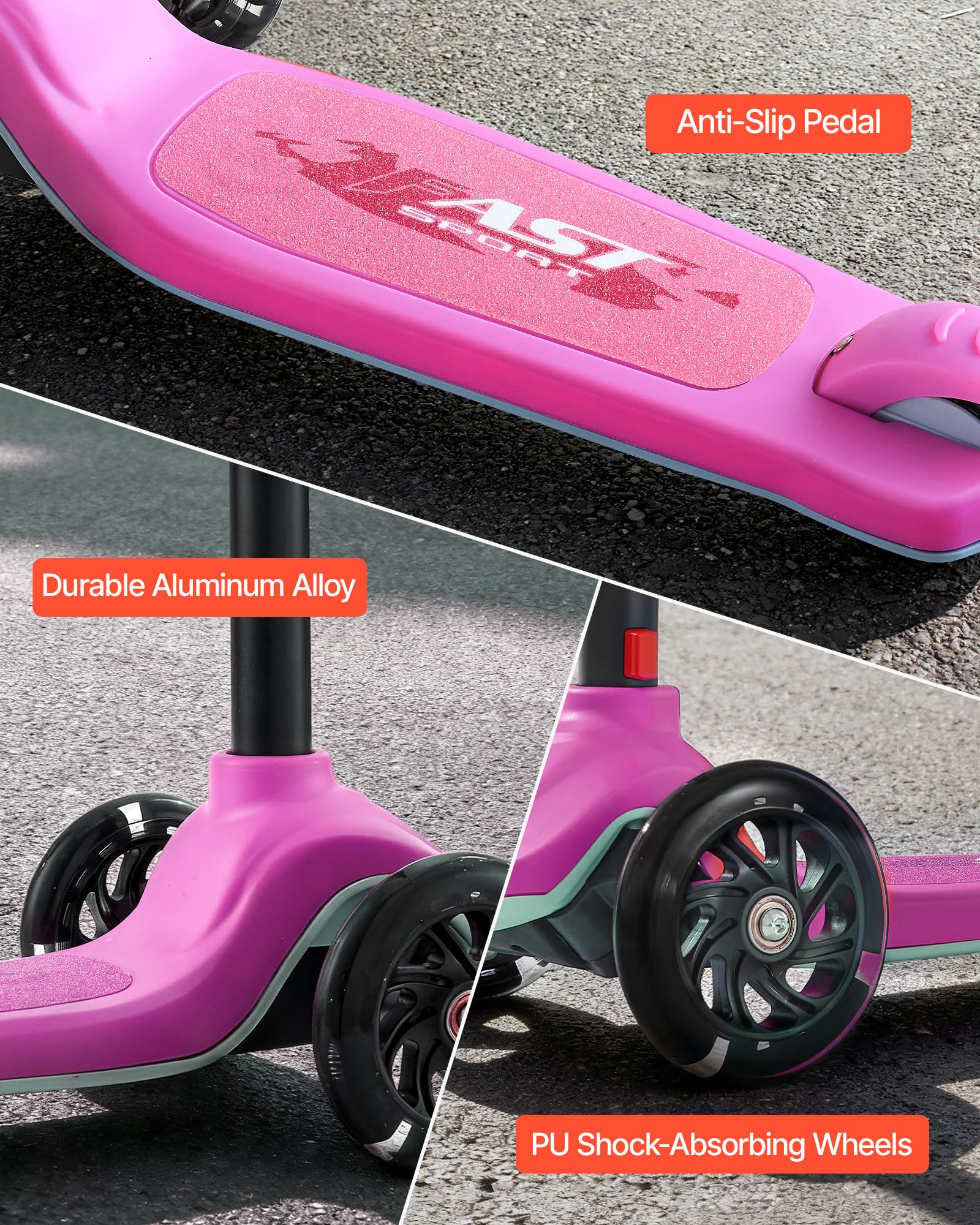 VEVOR Patinete 3 Ruedas, para Niños de 3 Años en Adelante, Ruedas Iluminadas, Manillar de Altura Ajustable, Base Antideslizante y Cuadro de Aluminio Ligero, hasta 75 kg, Rosa, 520 x 250 x 800 mm