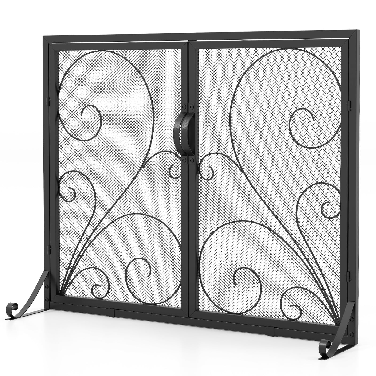 TANGZON Fireplace Screen, Spark Protection Fire Guard with Double Doors, Handles & Extended Support Legs, Indoor Outdoor Mesh Spark Flame Barrier Fire Panel（with 2 Hinged Doors,96 x 35 x 78cm）
