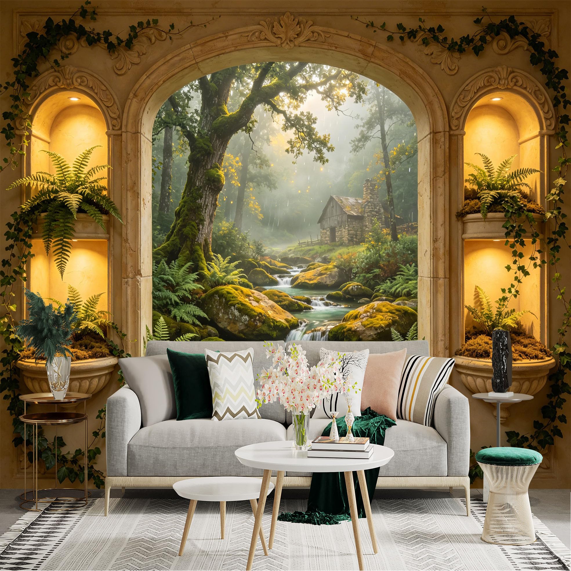 Lnzczhyre Dbh260521531 Custom Size Wall Sticker Mural， Enchanted Forest Landscape， Misty Stream， Rustic Stone Cabin， Ferns And Mossy Rocks， For Wall Decoration， Peelandstick Wall Decals.