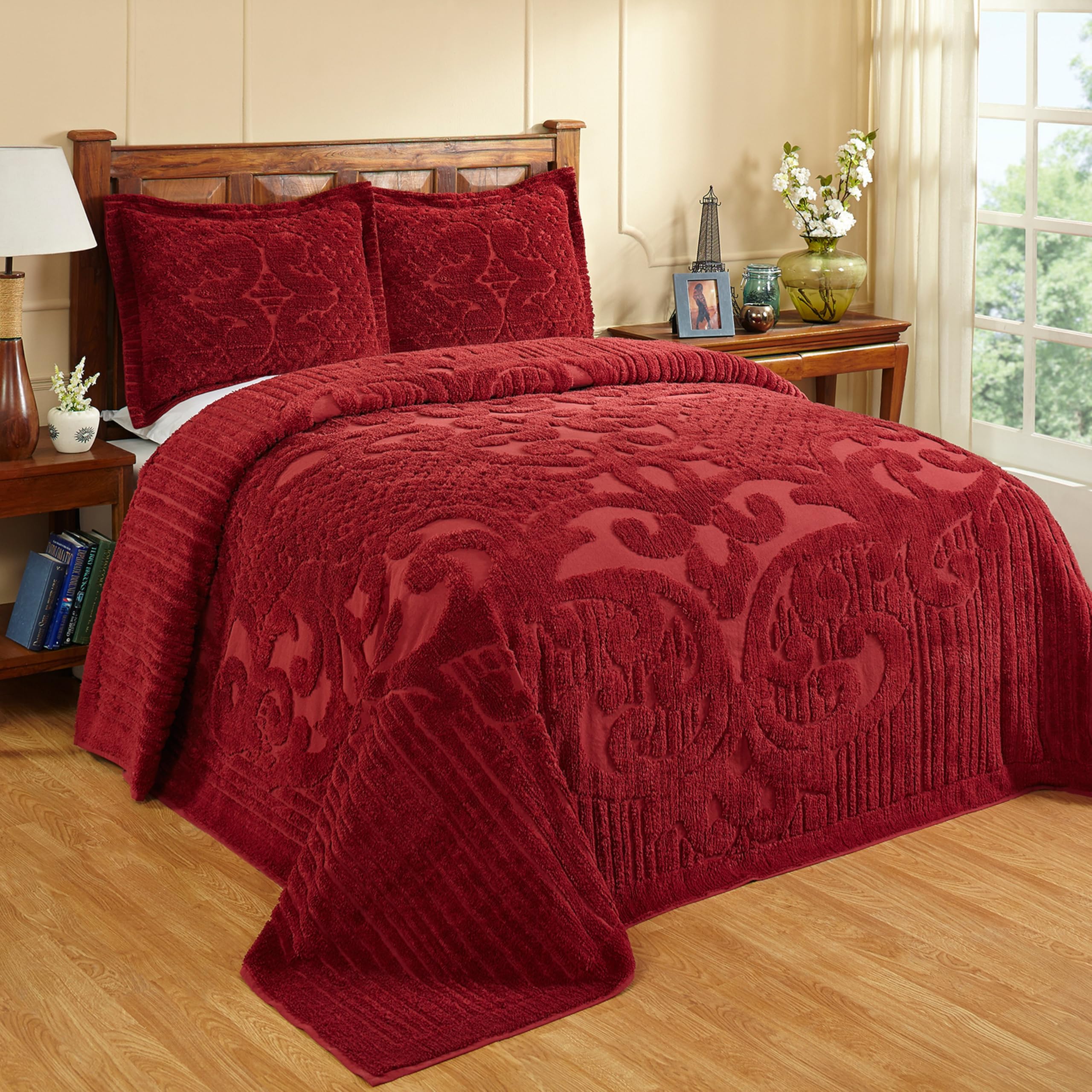 Better Trends Chenille Bedspreads Full/Double Size, Burgundy 100% Cotton Chenille Medallion Design Tufted Bedding Coverlet Soft Lightweight, 96"x110" with 2 Sham, 3 Pieces Set Ashton Collection