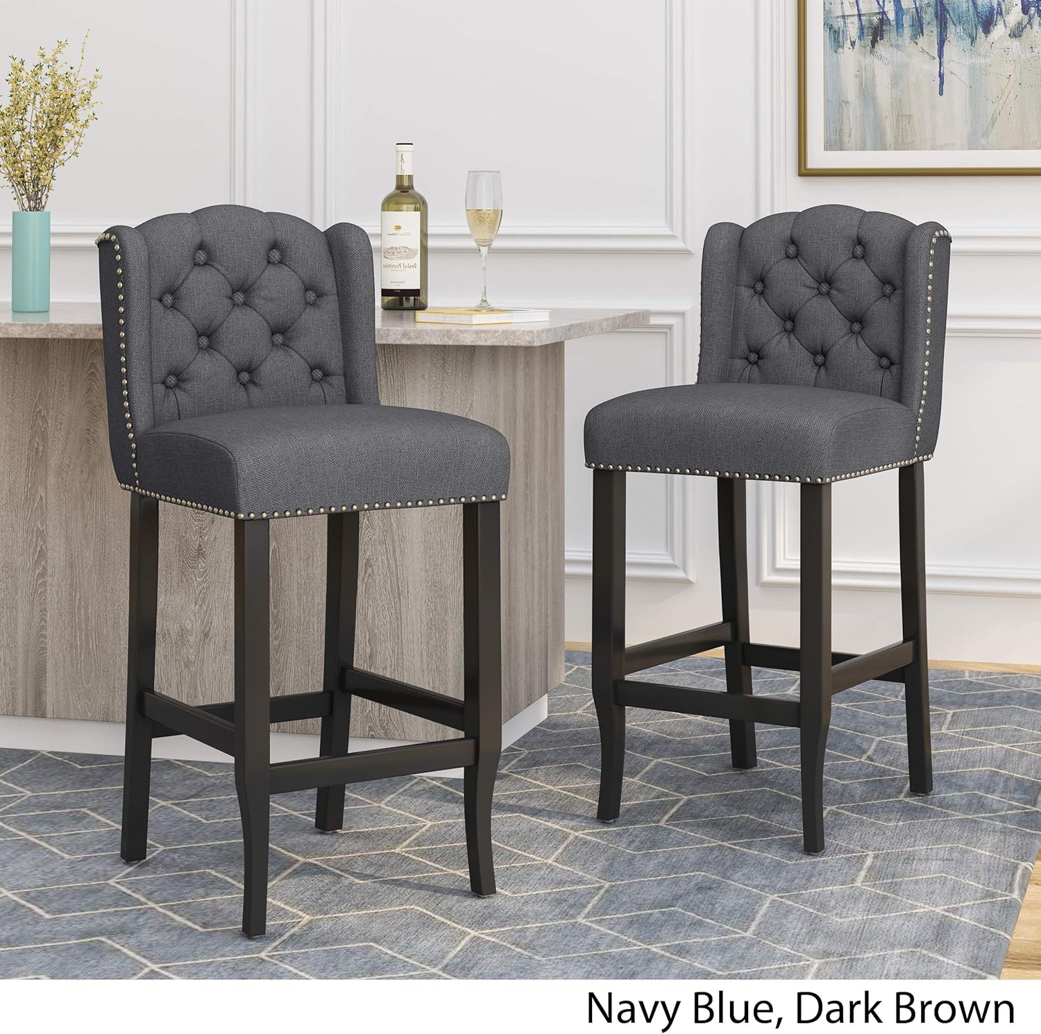 GDF Studio Clara Wingback Barstool (Set of 2), Charcoal and Dark Brown, 18.80 W x 16.15 D x 25.75 H, (309542)