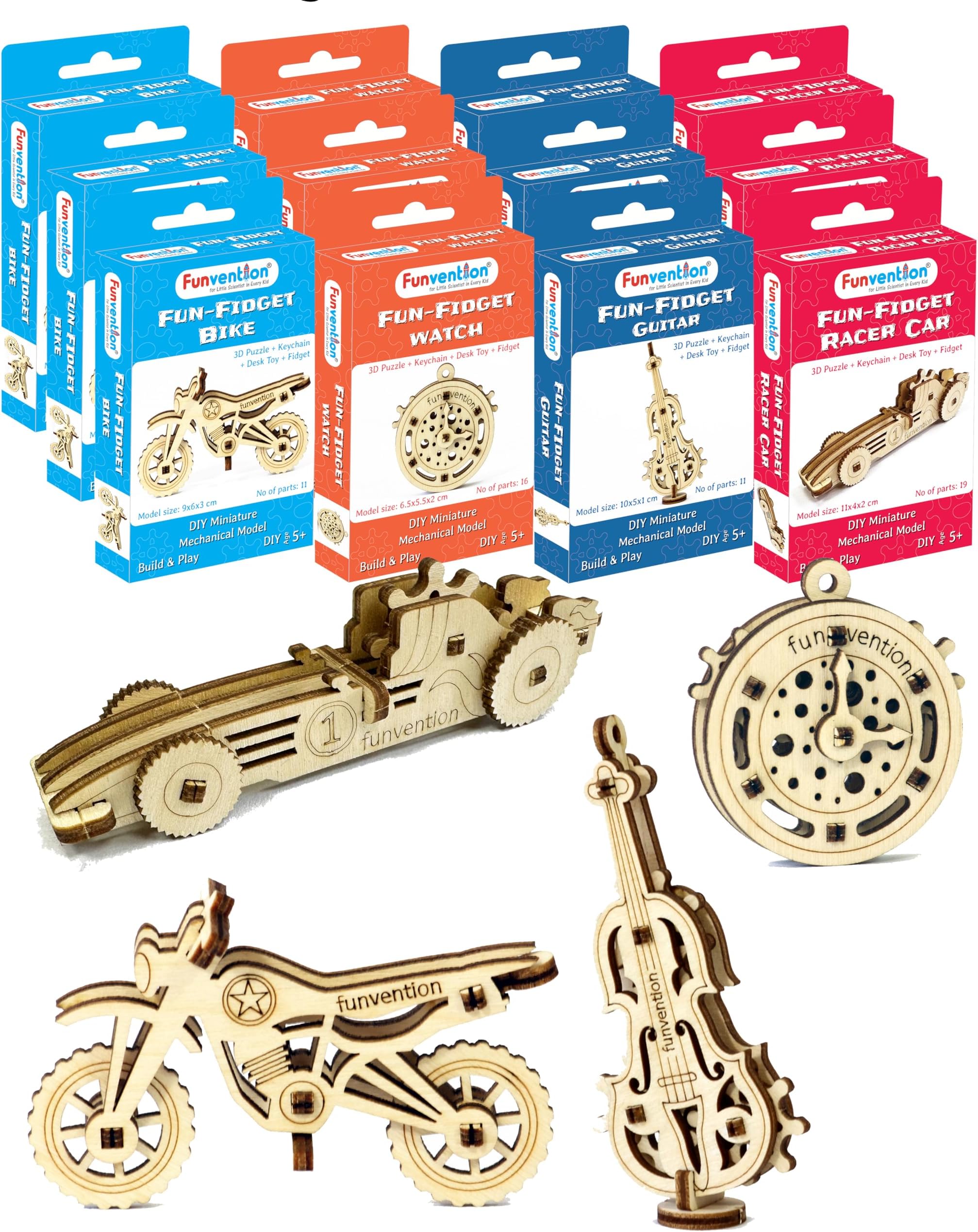Funvention Fun Fidgets Assorted (3 x 4 DIY Miniature Mechanical Models Bike, Car, Guitar & Watch) Pack of 12 - Birthday Return Gifts Party Pack Return Favors for Kids Art & Craft STEM Learning Toys