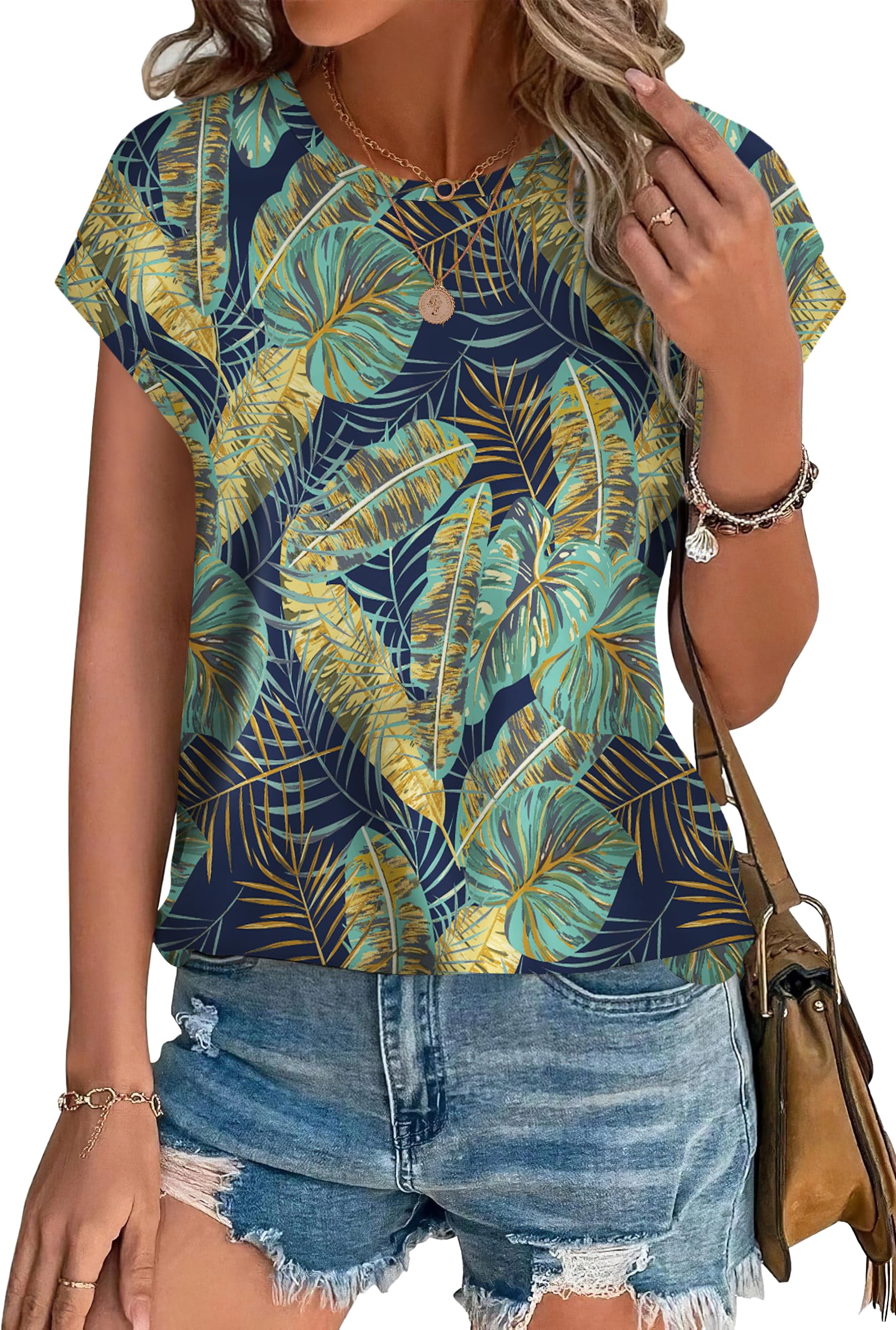 XIEERDUO Womens Tops Short Sleeve Shirts Blouses for Women Dressy Casual Cap Sleeve Tops with Curved Hem