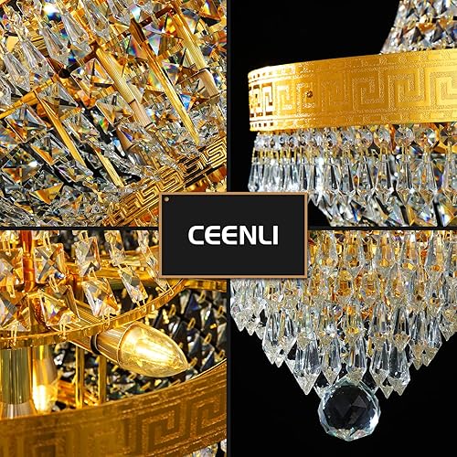 Miniatura 7 de CEENLI 12 luces de 20 pulgadas, modernas lámparas de araña de cristal dorado, techo K9, colgante empotrado, lámpara de techo ajustable colgante para