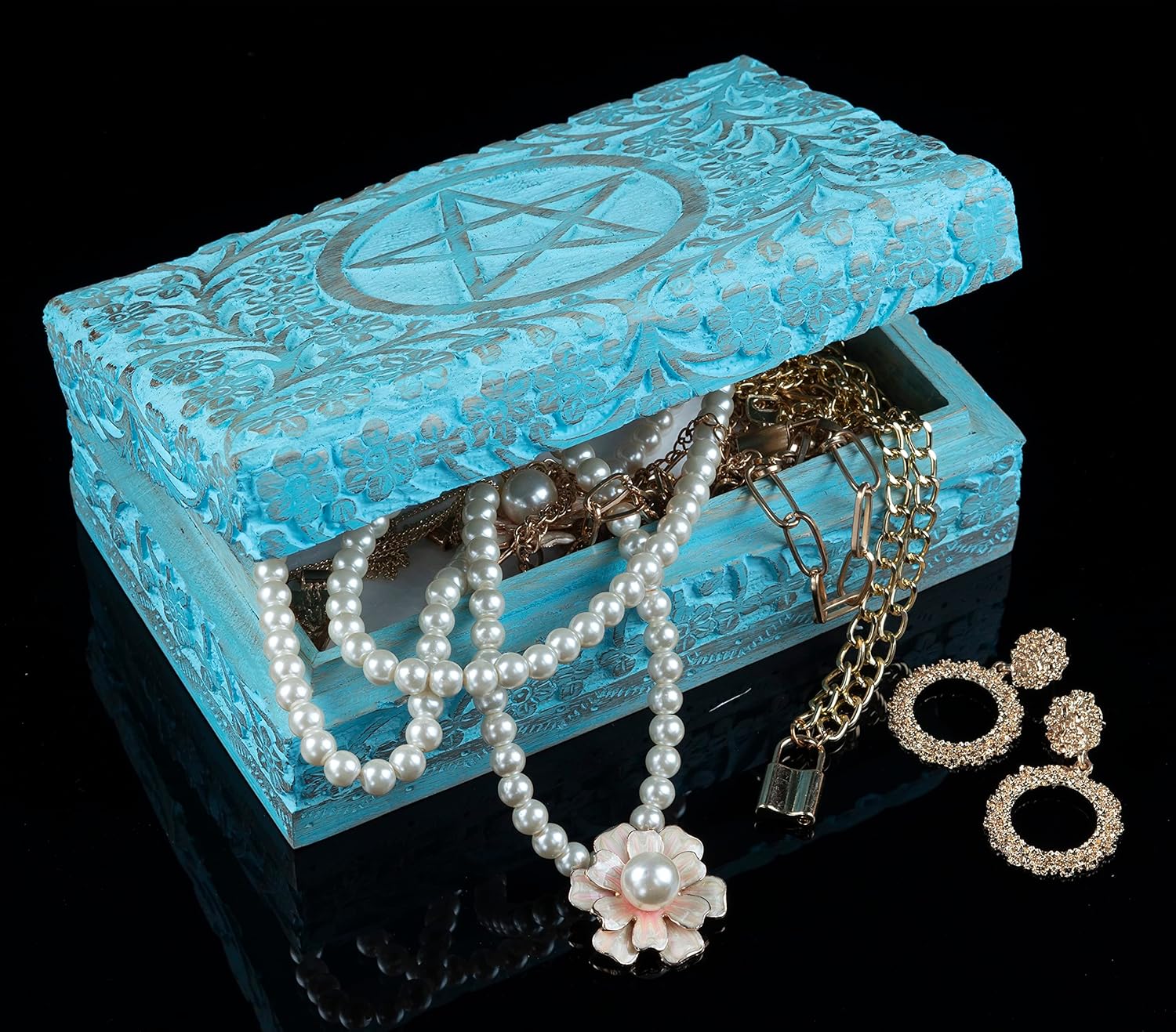 Crocon Handcrafted Wooden Jewelry Box – Pentagram Engraved Keepsake Box for Crystals, Tarot Cards & Treasures – Antique-Style Trinket Organizer, Turquoise Blue