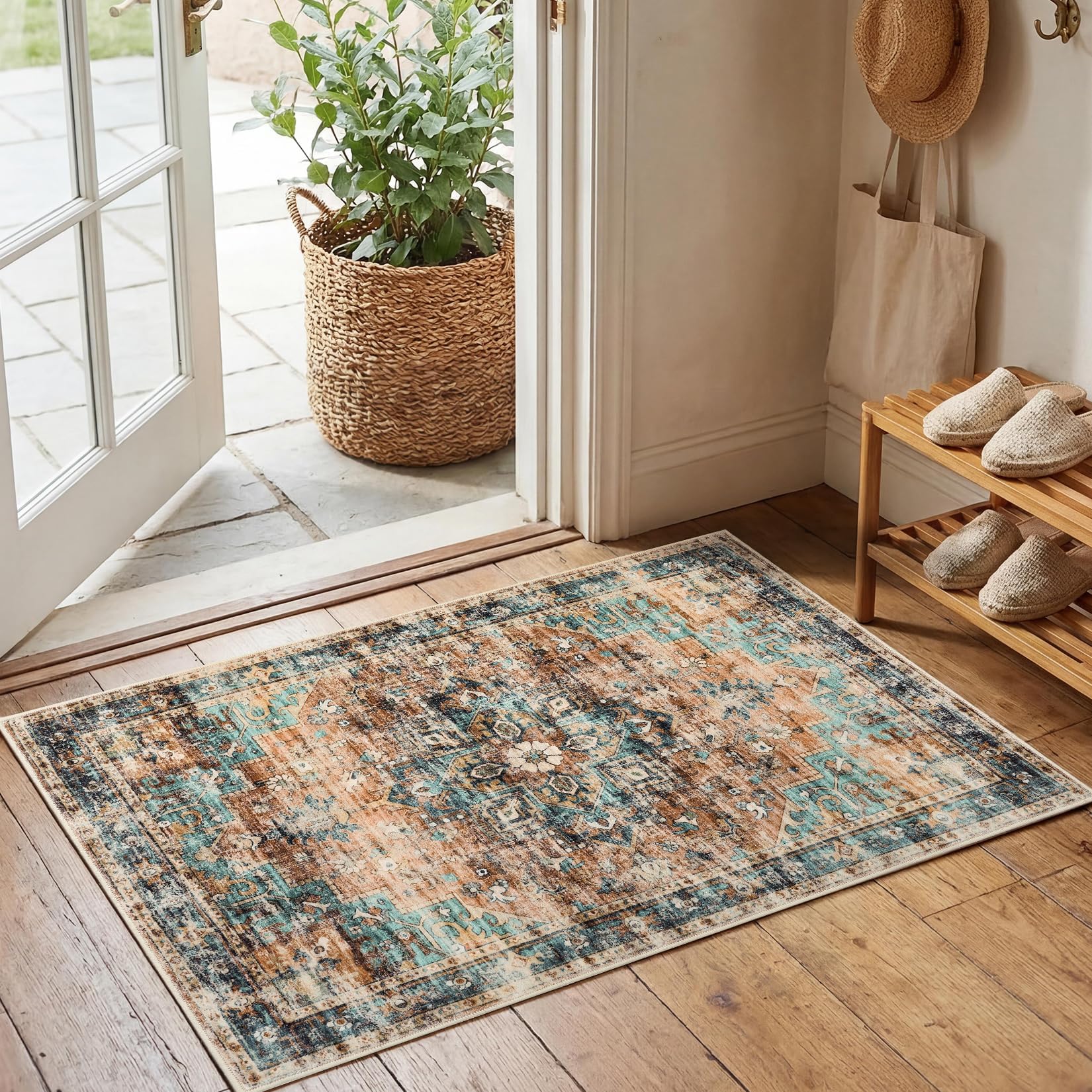 FairyStyle Door Mat Indoor Rugs for Entryway 60x100cm Vintage Small Botanical Grove Cottagecore Washable Non-Slip Low-Pile Rug for Bedroom Kitchen Bathroom Entrance Terracotta Teal