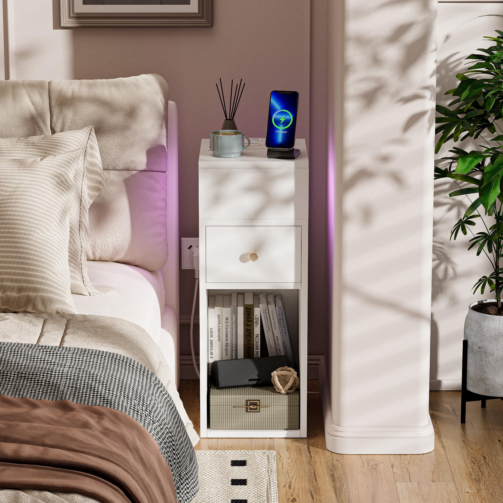 Ztexkee Slim Bedside Table with Power Socket Narrow Side End Tables with RGB Light Strip 25x30x66 cm Nightstand with 1 Drawer and 2 Compartments Bedside Tables for Bedroom, Living Room