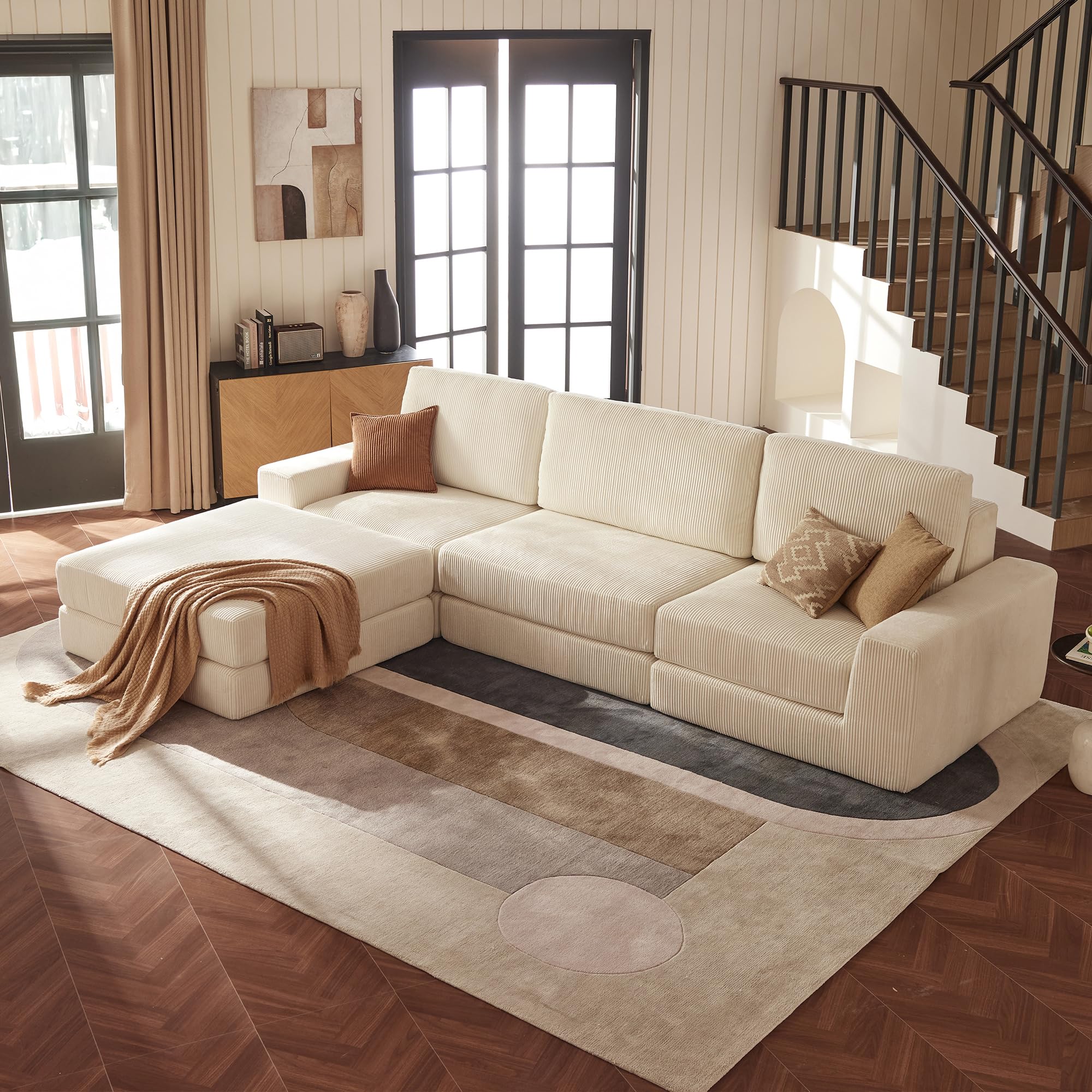 Modulares Cord Schlafsofa 306 cm, Boneless Couch 3-Sitzer Ecksofa mit Hocker, Sofa mit Schlaffunktion & tiefer Sitzfläche, Bodensofa ohne Montage für Wohnzimmer, Schlafzimmer & Wohnung, Weiß