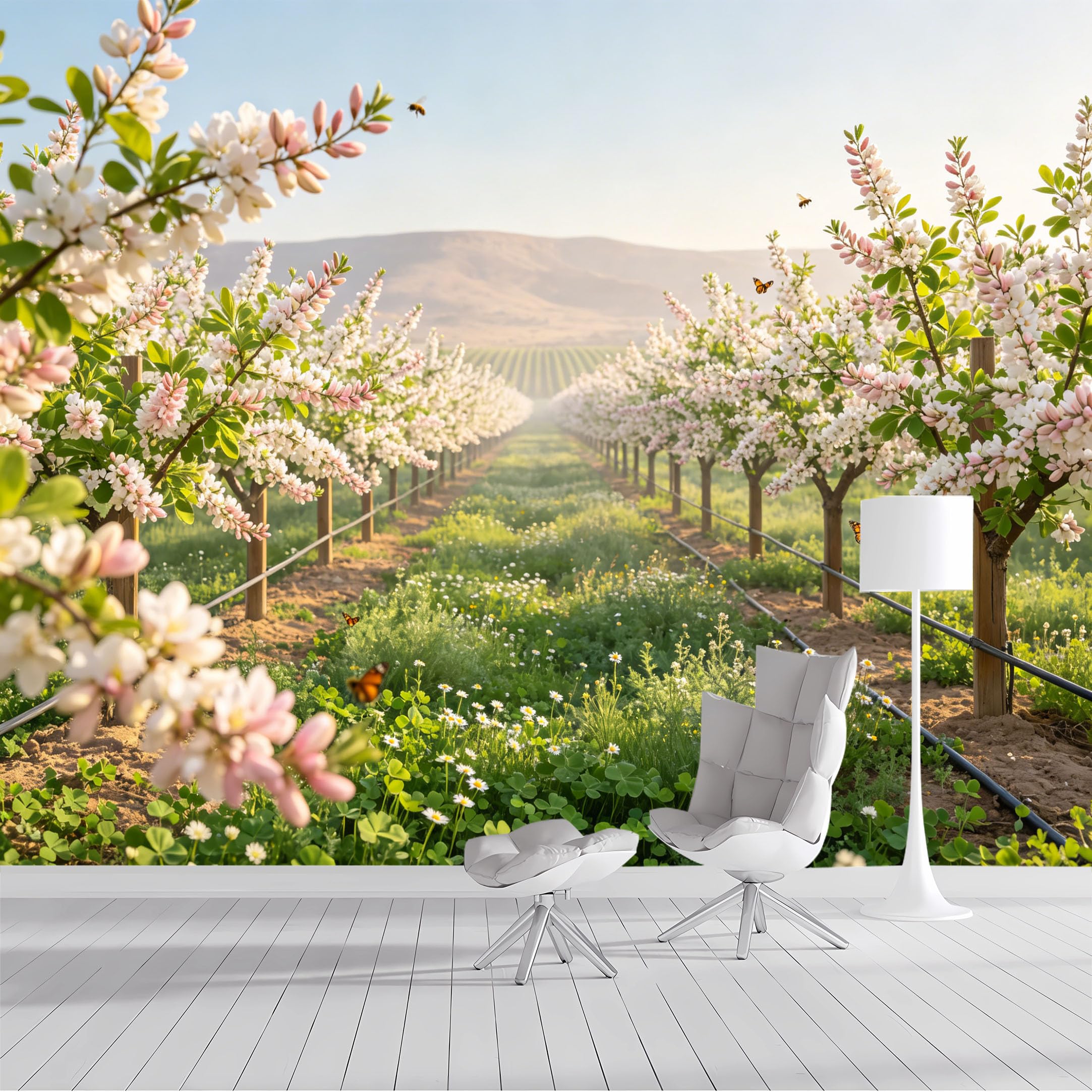 Custom Size Wall Mural Blossom Trees Vineyard Landscape Watercolor SelfAdhesive Wall Fabric Removable Peel and Stick Wallpaper Wall Decor for Living Room Bedroom Bathroom