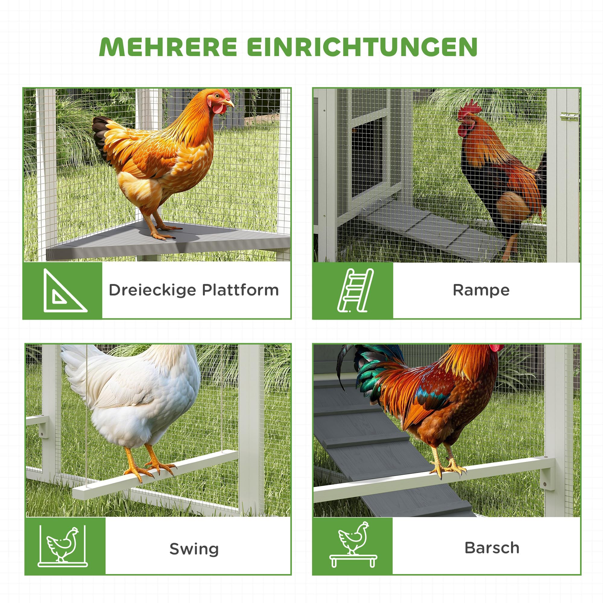 PawHut Kurnik dla 7-10 kur, 283 x 133,5 x 112 cm, szary | wybieg dla kur, 2 budki lęgowe, wybieg, drążek do siedzenia, huśtawka, mrozoodporny, drewno, woliera, domek dla ptaków