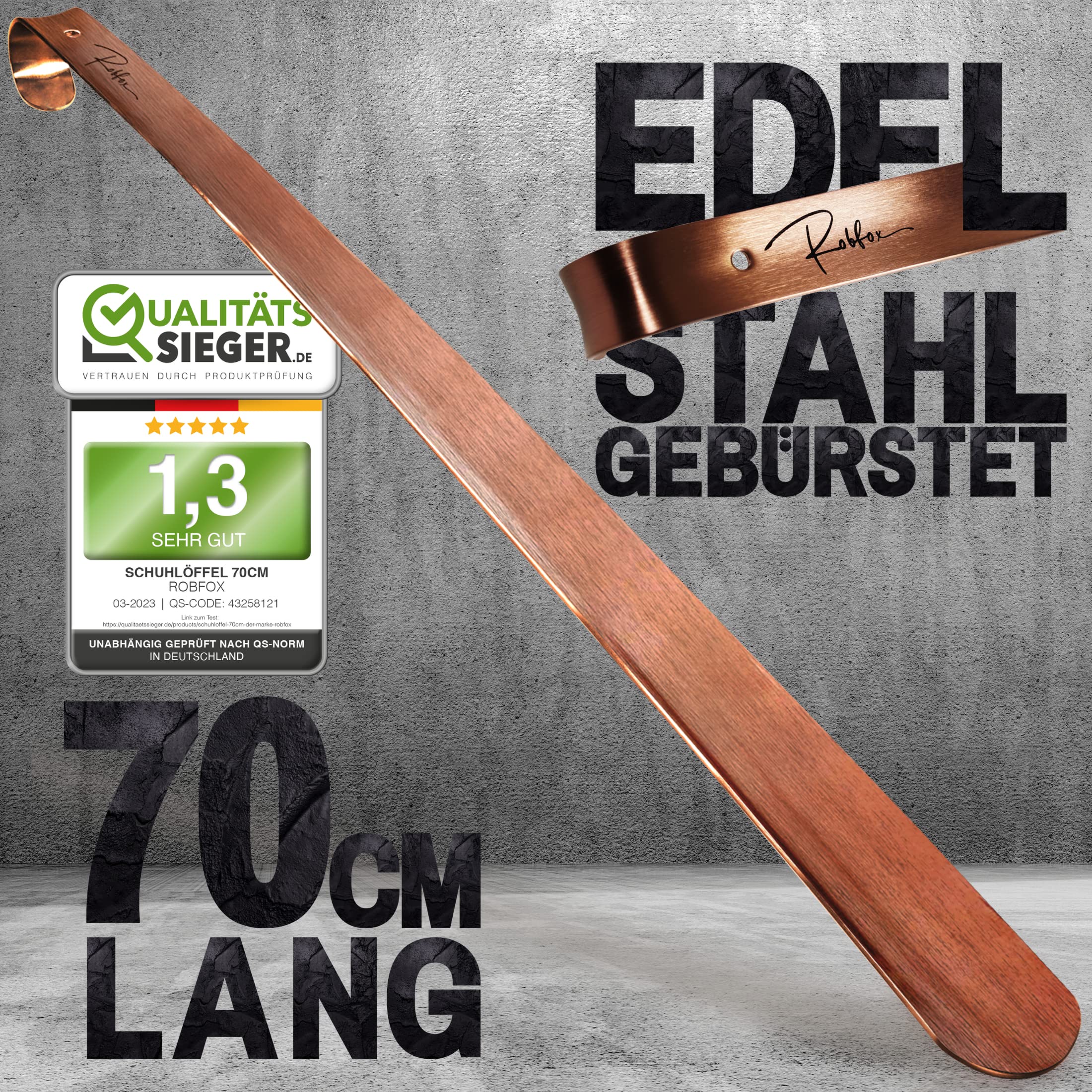Robfox 70cm Schuhlöffel I extra stabiler Schuhanzieher aus gebürstetem Stahl I lange Schuhanziehhilfe I Rückenschonender Schuh Löffel in Premium Qualität (Kupfer)
