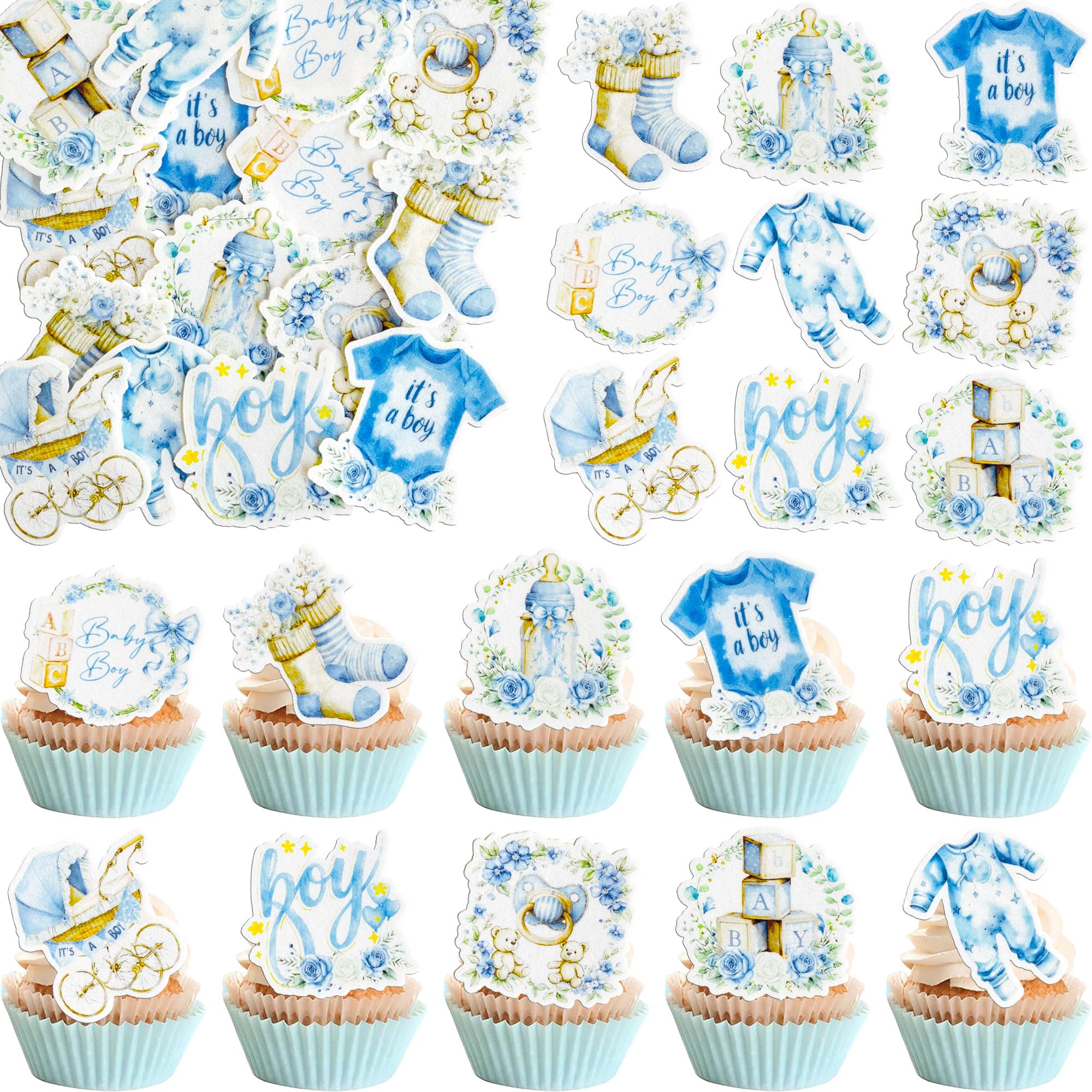Gyufise 54Pcs Edible Baby Shower Cupcake Toppers Bottle Carriage Oh Baby Girl Cupcake Picks It's a Girl Cupcake Decorations for Gender Reveal Baby Shower Birthday Party Supplies White Blue