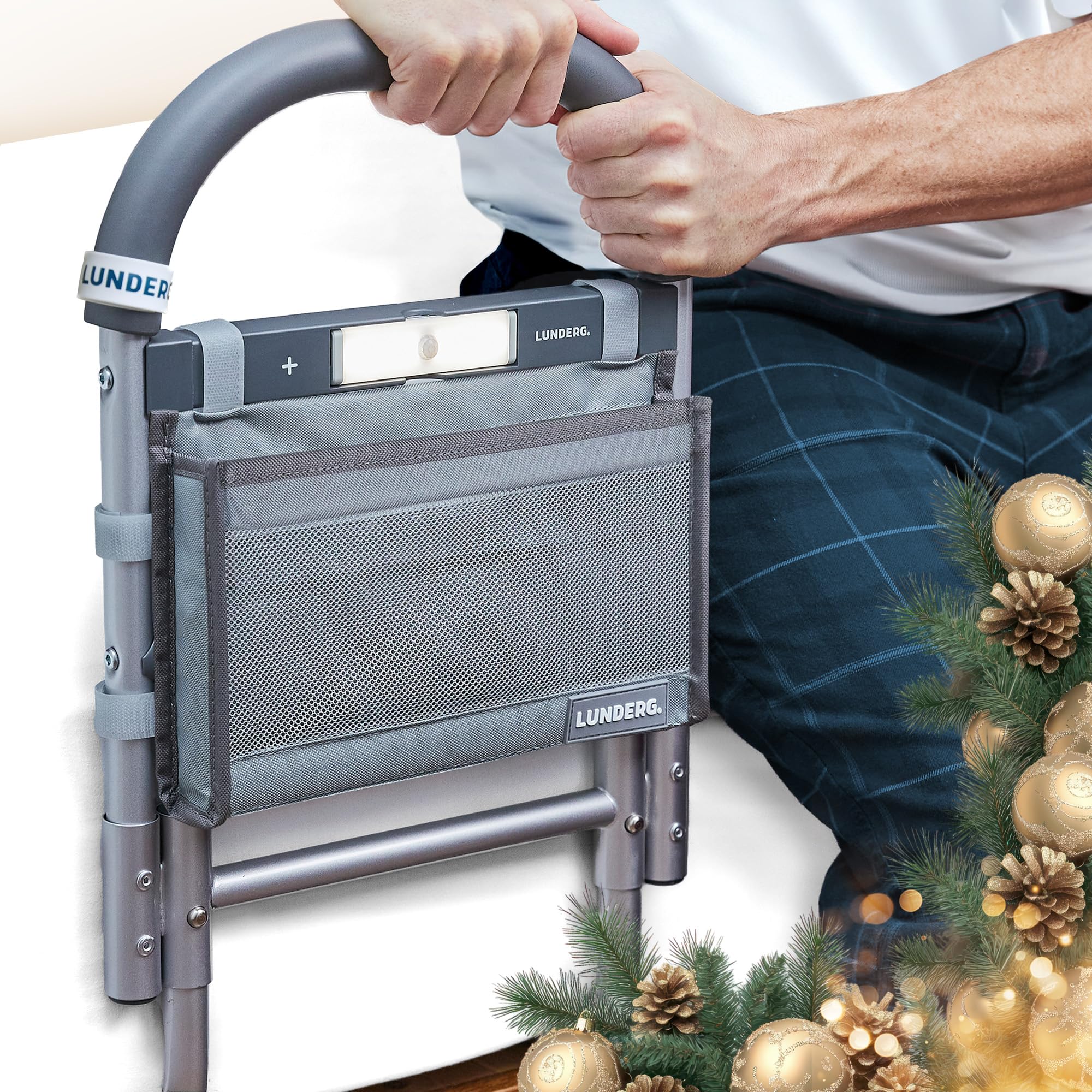 lunderg bed assist rail for seniors with motion-activated light & storage pocket - easy to install bed rails for elderly adults safety & post-surgery - helps reduce falls & support independence
