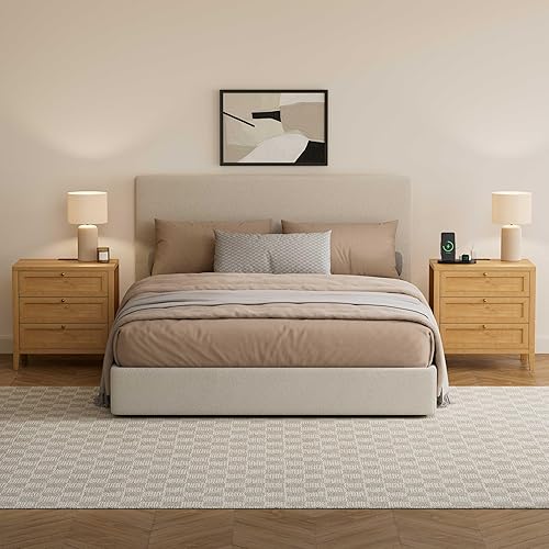 Miniatura 8 de Mesita de noche de granja con 3 cajones, mesita de noche más grande con estación de carga, mesa auxiliar de cama alta, mesitas de noche anchas para