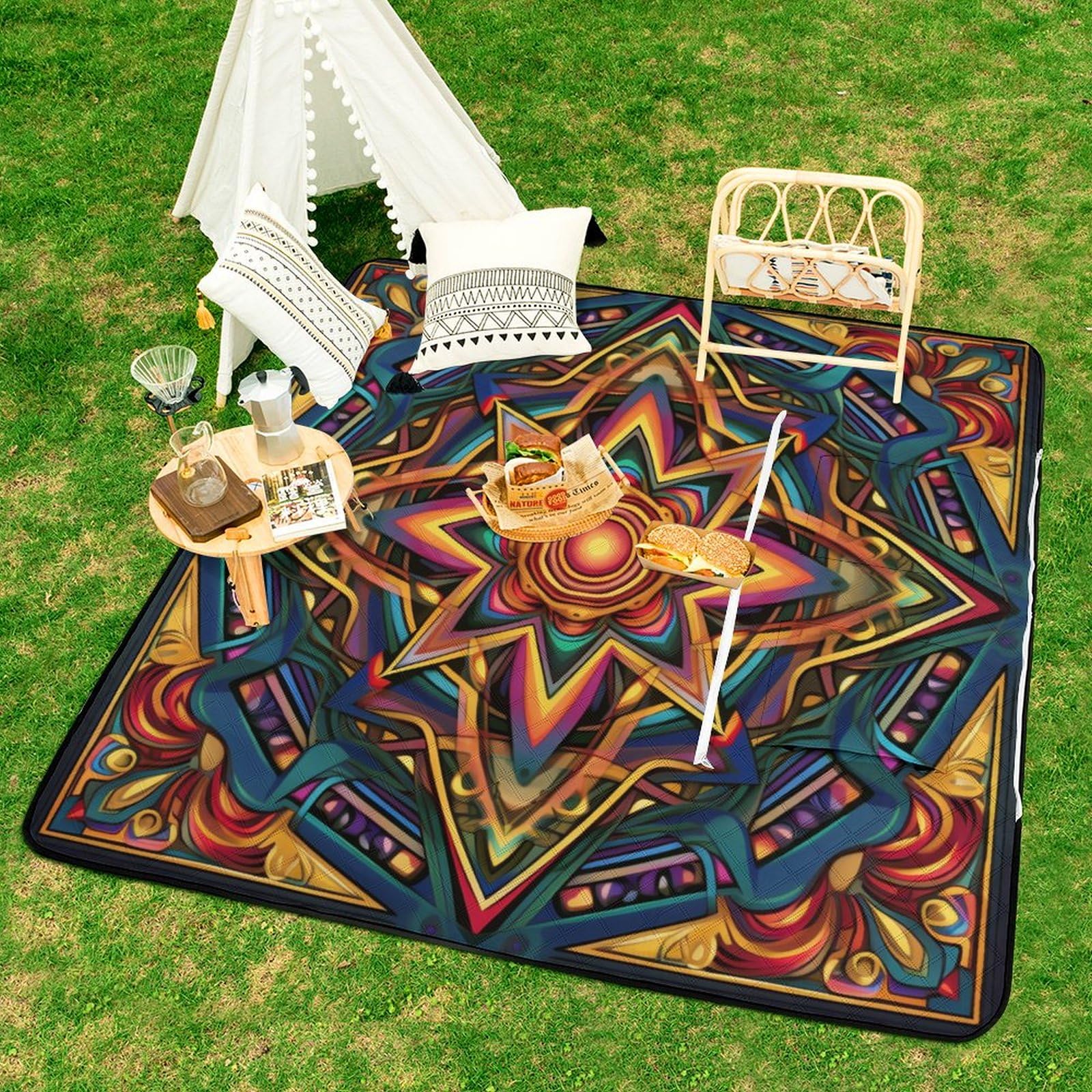 3D Impression Bohème Couverture Pique Nique Art Tapis Pique Nique Nappe Picnic Couverture De Pique-Nique pour Camping, Parc, Jardin 148x148cm