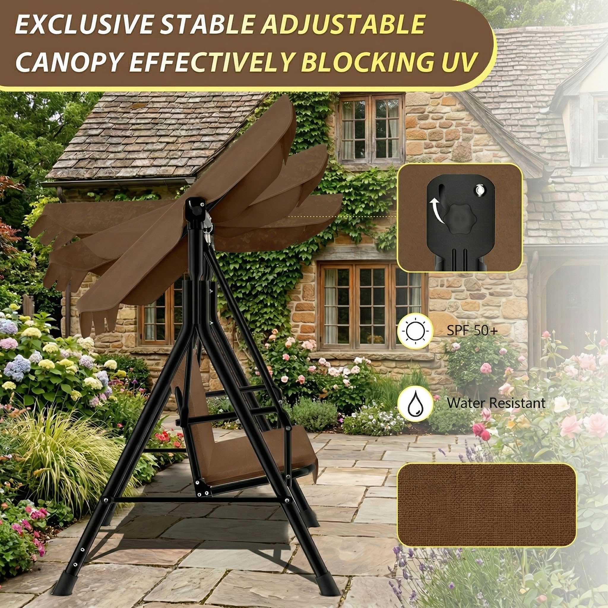 Dondolo a 3 posti, marrone scuro, con tetto regolabile e imbottitura confortevole da 6 cm, telaio in acciaio 200 kg, resistente alle intemperie, per esterni, marrone scuro, 175 x 110 x 152 cm