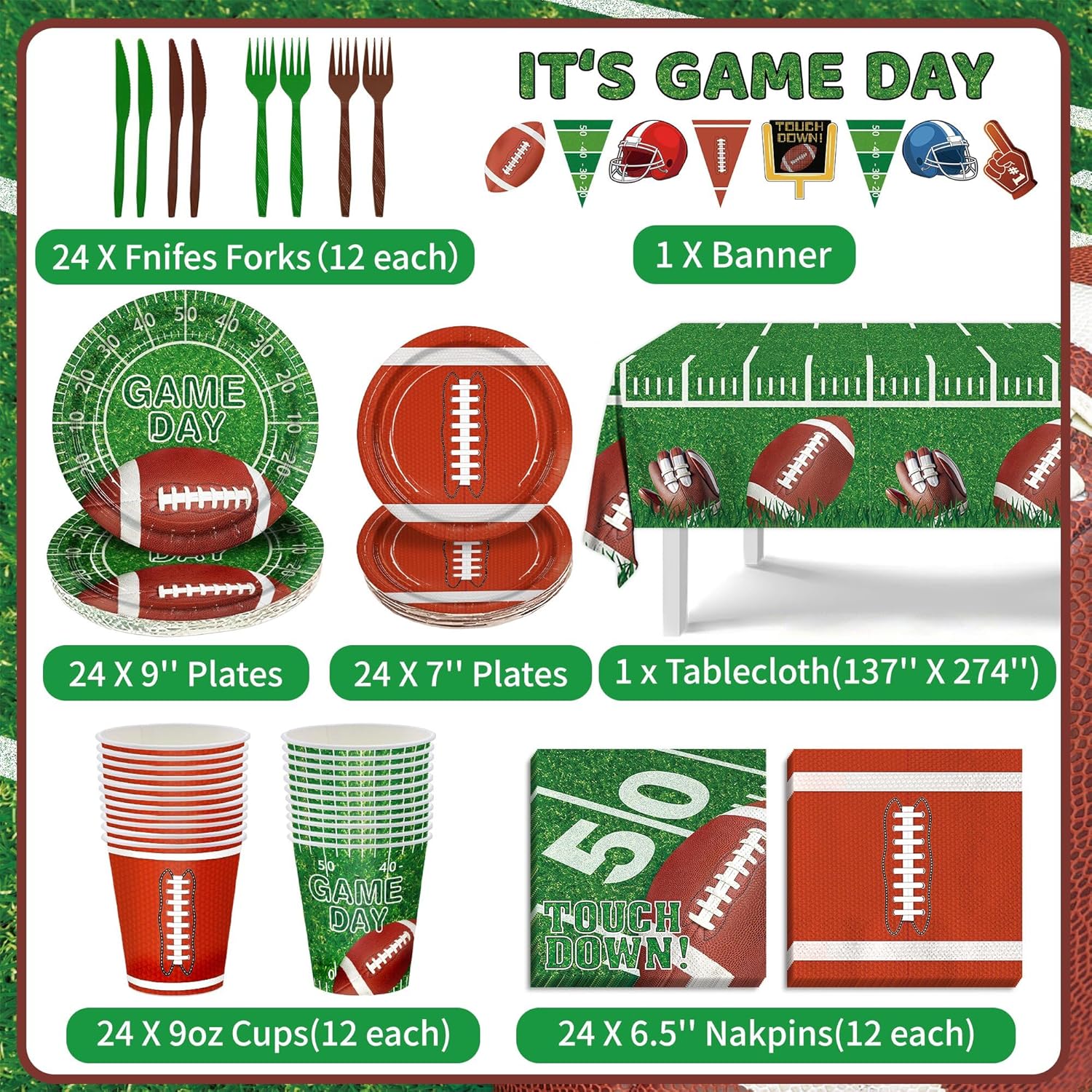 146Pcs Football Party Decorations Football Birthday Party Supplies Serves 24 With Football Party Set Lncludes Dinner Plates, Napkins, Knife, Fork, Cups Tablecloth and Party Banner - Image 2
