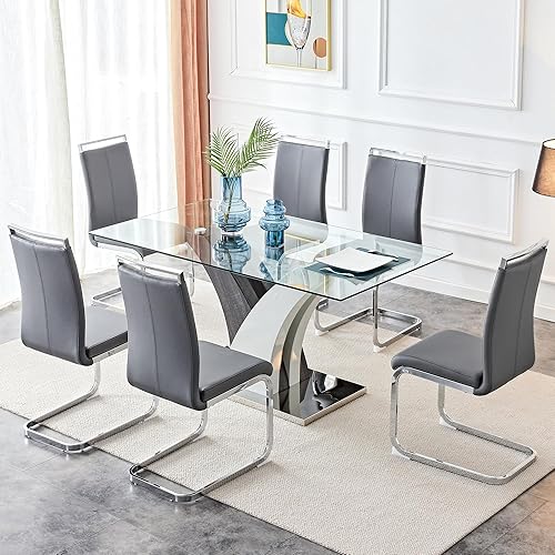 Glass Dining Table Set for 6, 63" Dining Room Table Set for 6,Modern Kitchen Table and 6 Dark Grey PU Leather Dining Chairs, Dinner Table Set with Rectangle Tempered Glass Top and MDF Legs