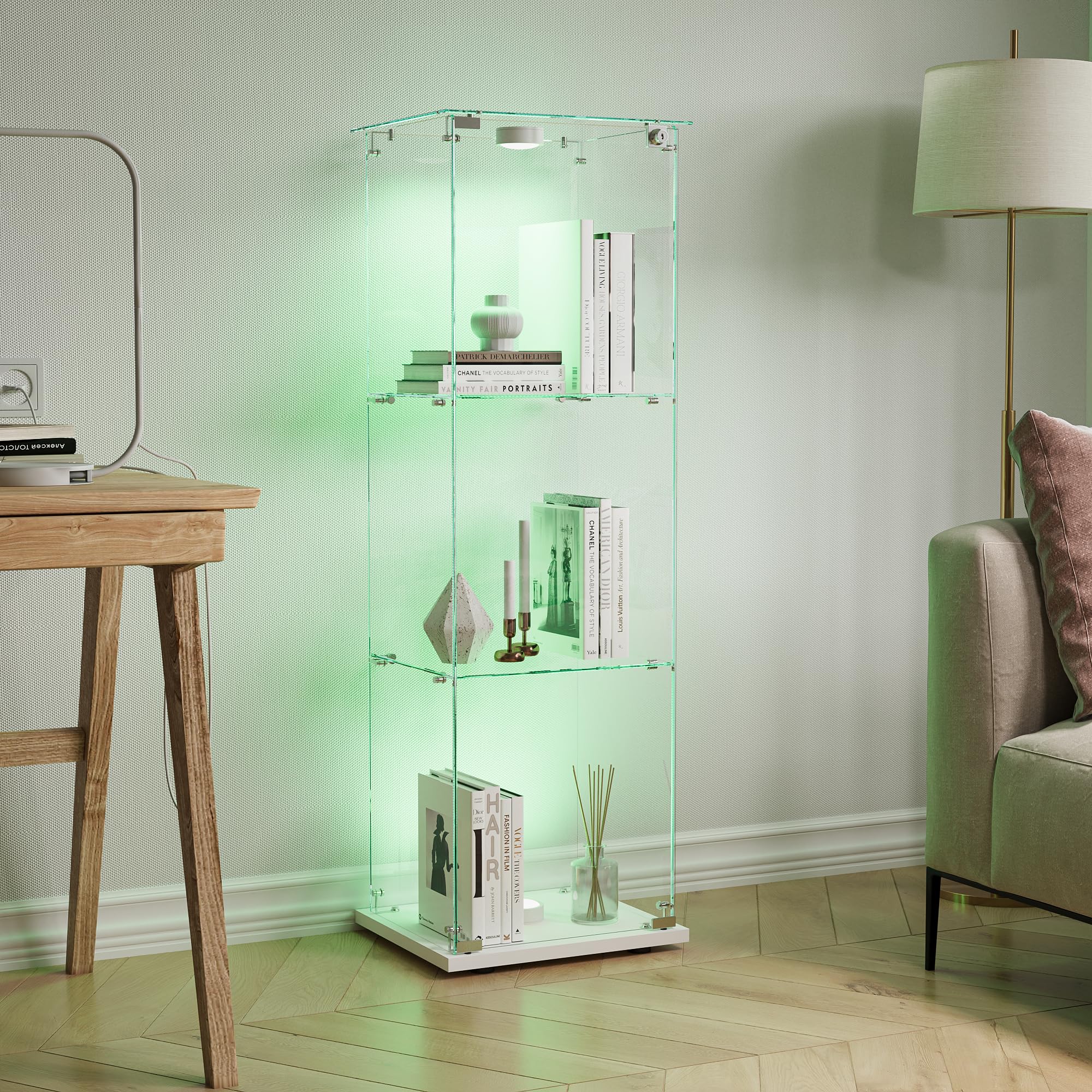 Vetrina in vetro con LED, armadio da collezione moderno con 3 ripiani 1 porta, vetrina da terra per soggiorno, camera da letto, ufficio, 123x40x35cm (bianco + porte singole + luci da pattuglia)