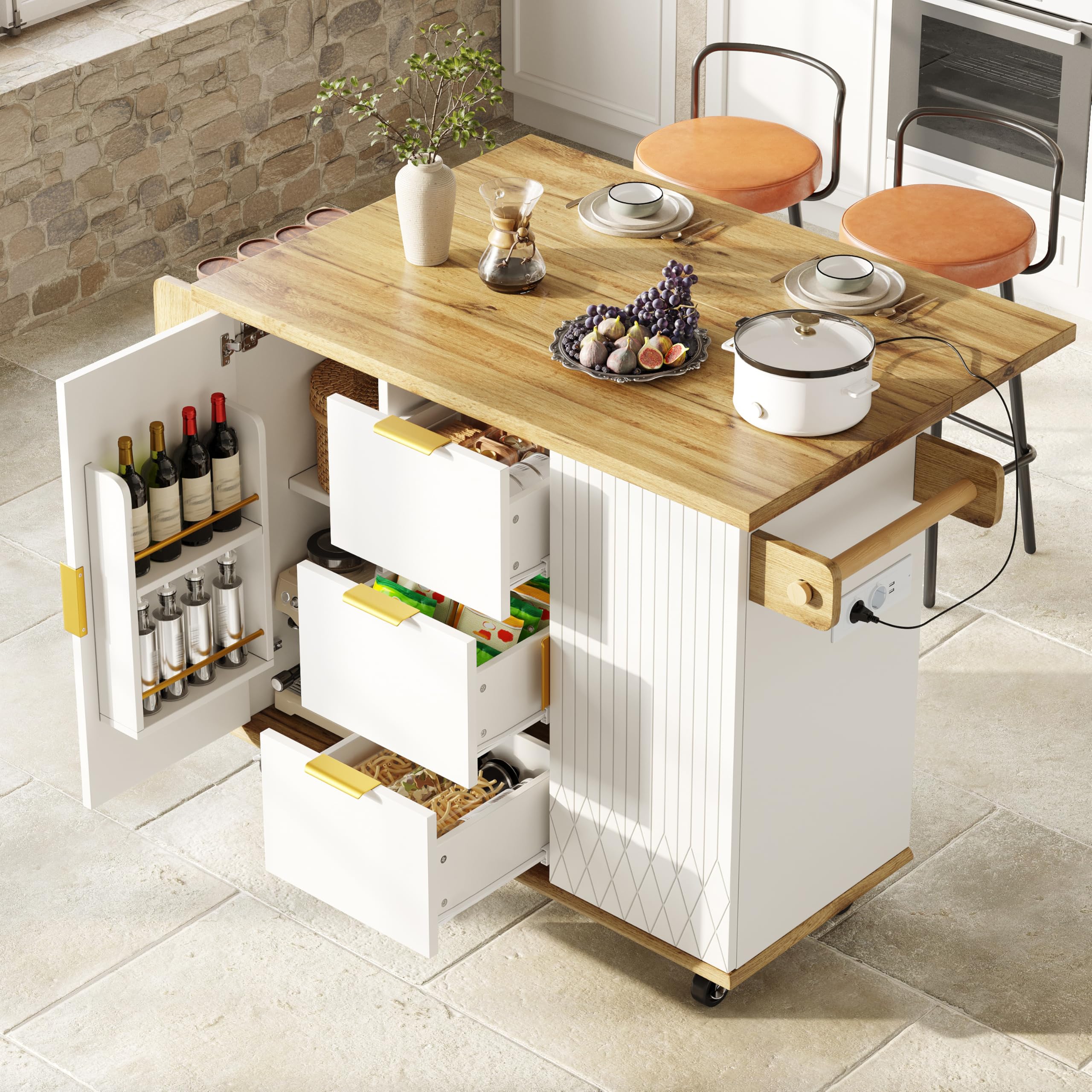 Carro de cocina con encimera plegable y conexión de alimentación, armario isla de cocina móvil con ruedas, aspecto de madera blanca, soporta hasta 70 kg