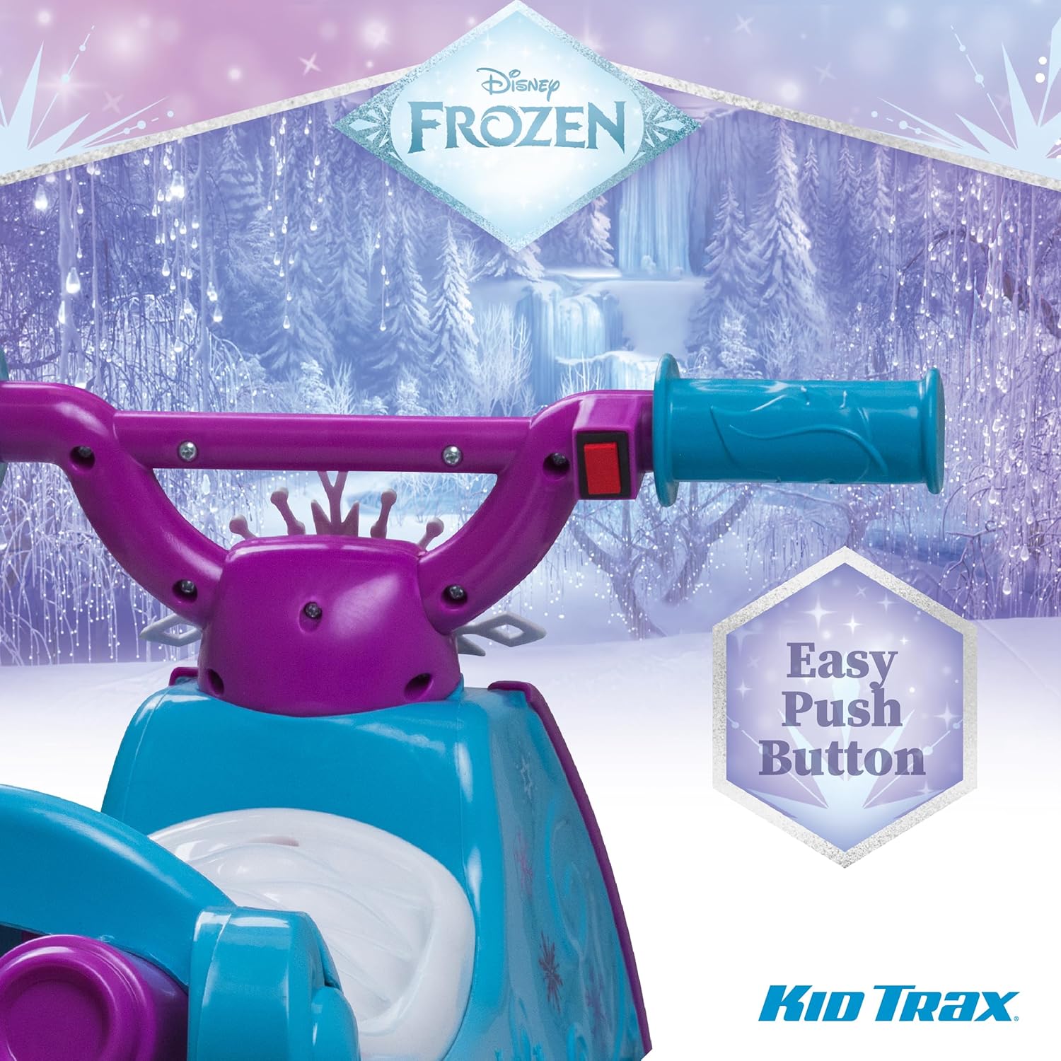 Close-up of the easy push-button on the handlebar of the Kid Trax Disney Frozen 2 Electric Quad