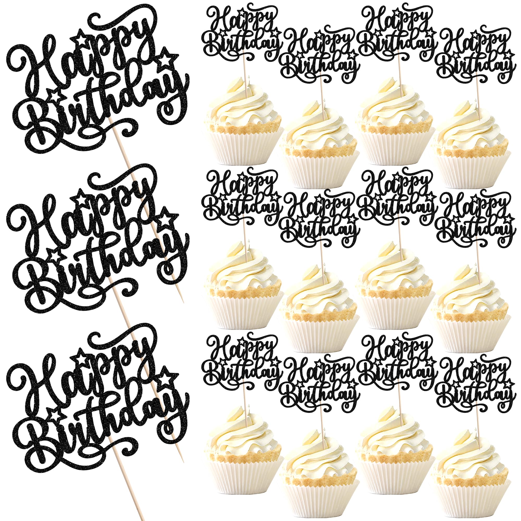 24 Pack Happy Birthday Cupcake Toppers Glitter Celebrating Anniversary Cupcake Picks for Birthday Anniversary Theme Party Cake Decorations Supplies Black — image 1