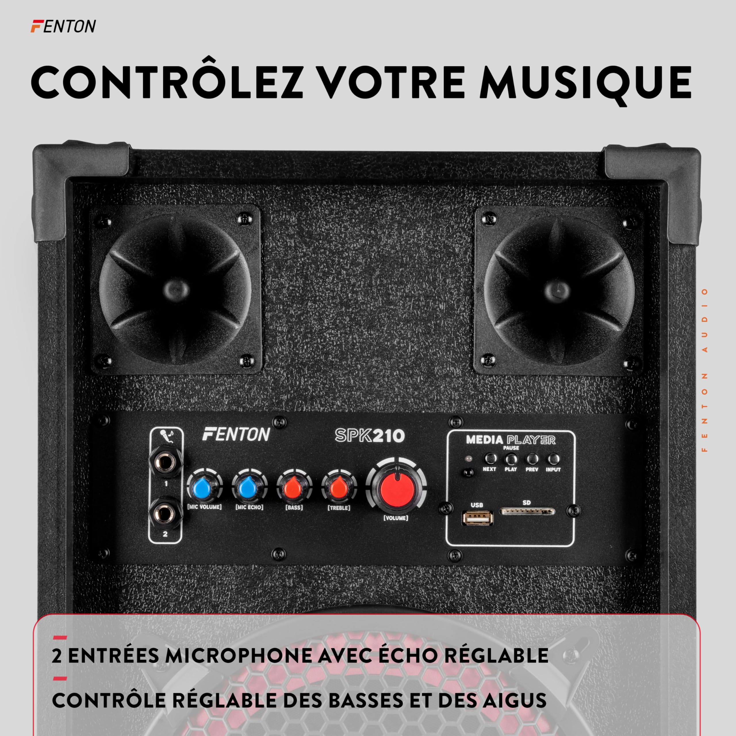 Fenton SPK-210 - Pack d’Enceintes Actives PA 1200 W (2×10″) - BT sans Fil, USB/SD, entrées micros - Système Sono idéal soirées, DJ, karaoké