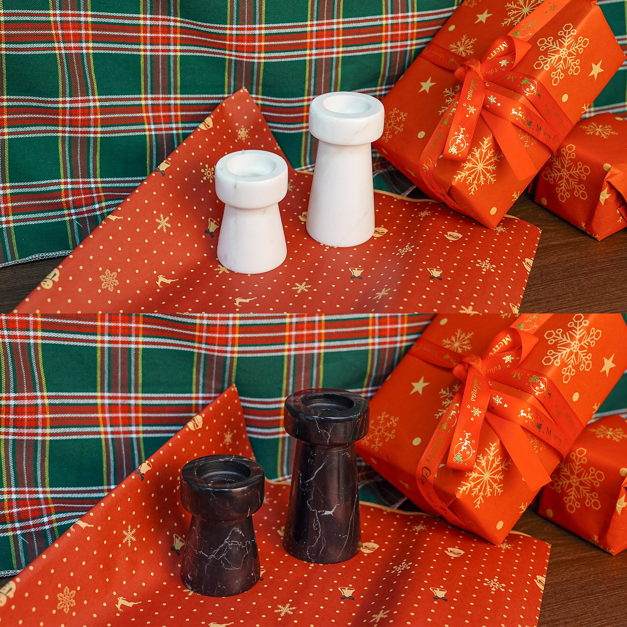 WORHE Portacandele Travertino Naturale - Set 2 Candelieri Marmo Nero 1cm Spessore