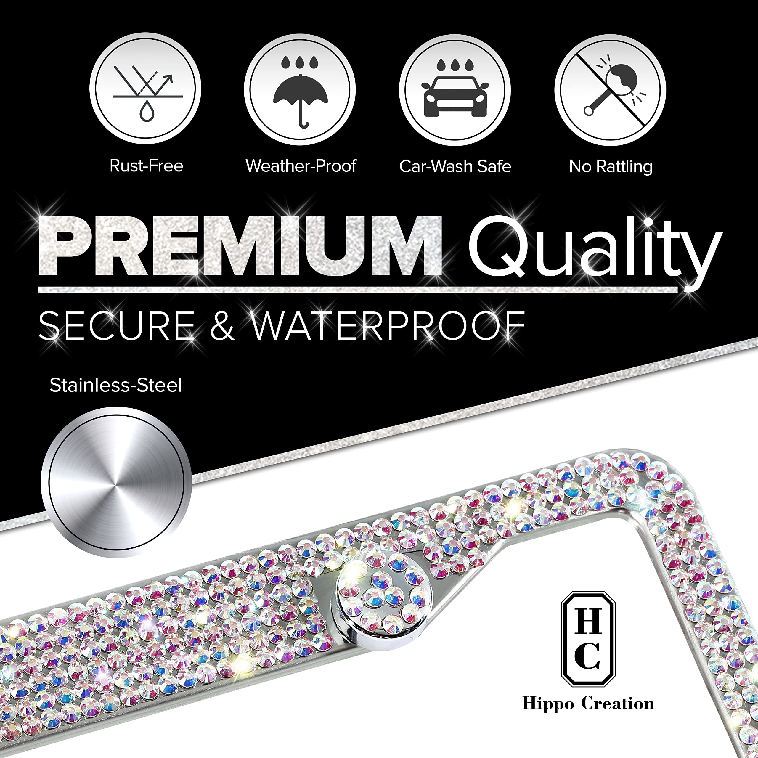 2 Unidades Hecho a Mano Bling Cristal Premium Marco de Placa de Licencia de Acero Inoxidable