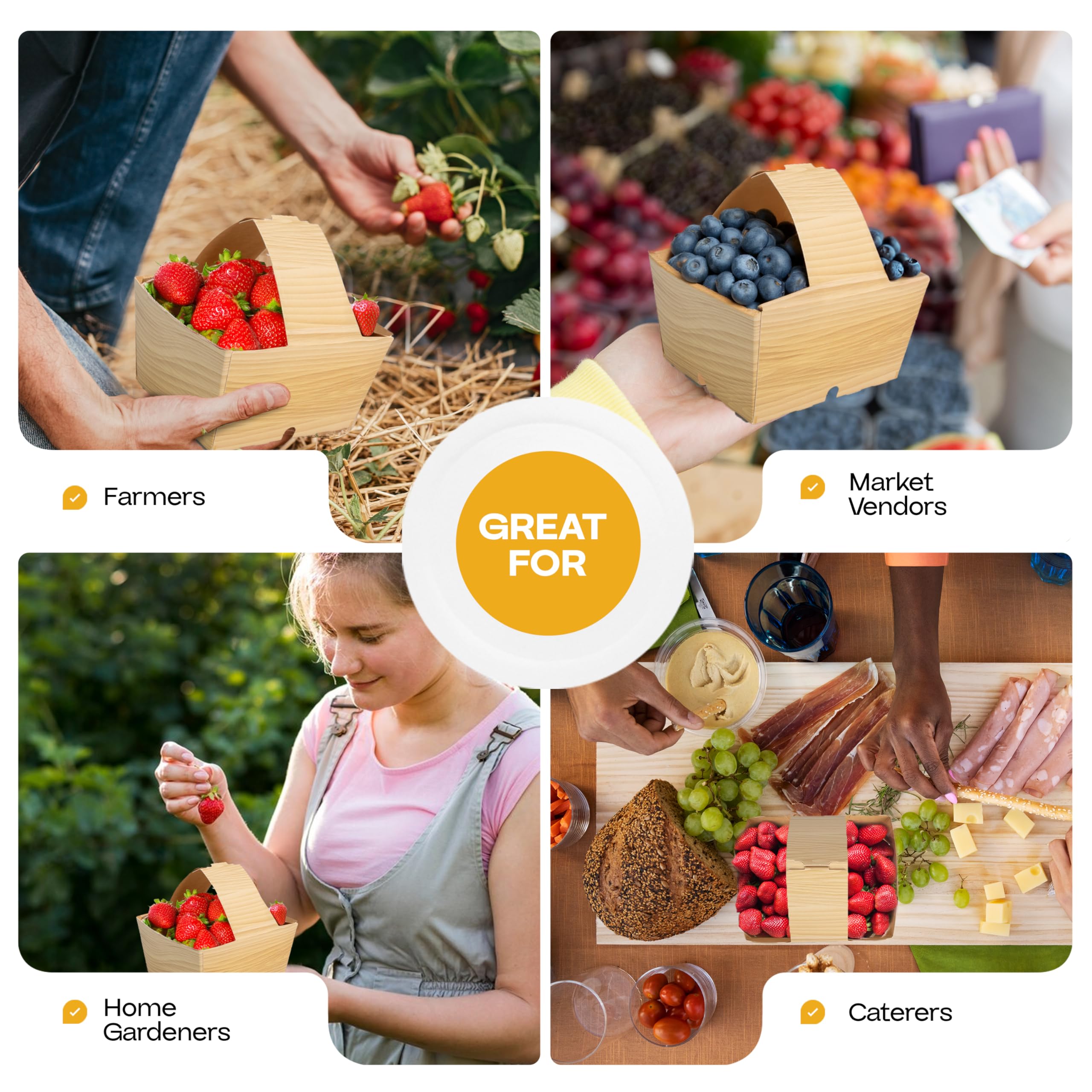 IDL Packaging Cestini per bacche da 3 pinte, con manici, stampa con venature del legno (confezione da 50), realizzati negli Stati Uniti, resistenti, in cartone per alimenti, per frutta e verdura