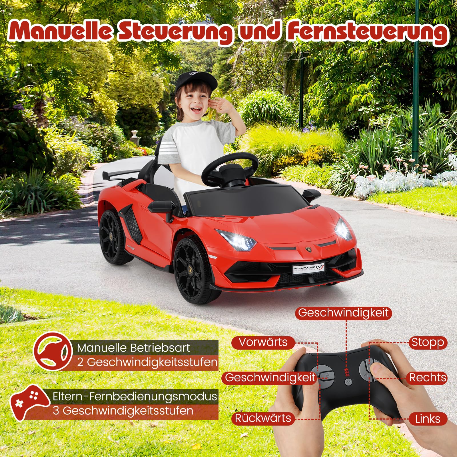 COSTWAY Lamborghini Elektroauto für Kinder, Kinderfahrzeug mit 2,4G Fernbedienung & LED Scheinwerfer & MP3-Player & Hupe & Musik, Elektrofahrzeug 3-5 km/h, Kinderauto für Kinder ab 3 Jahren (Rot)