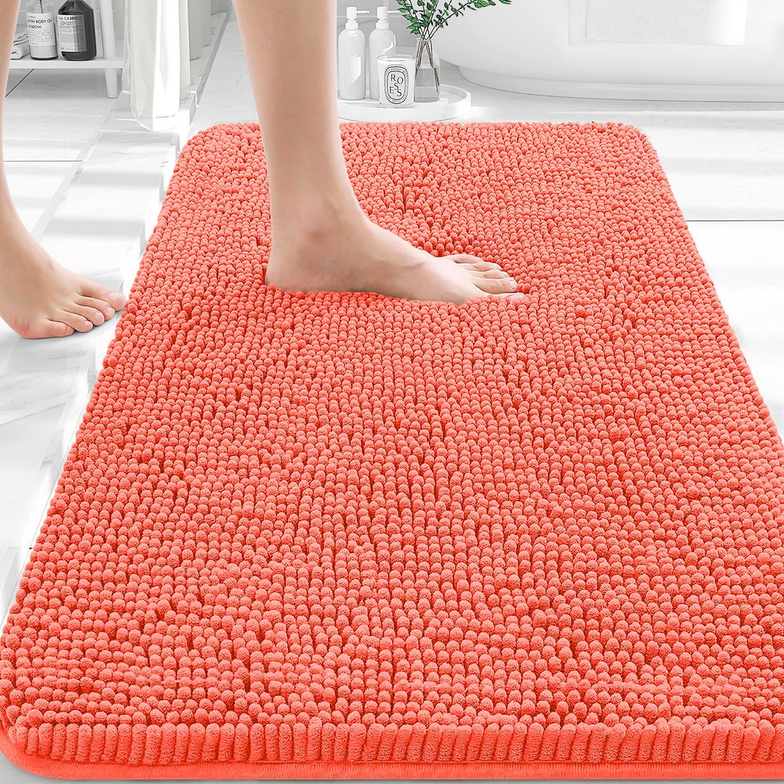 OLANLY Bathroom Rug 30x20, Extra Soft Absorbent Chenille Bath Mat, Rubber Backing Quick Dry, Machine Washable Bath Mat for Bathroom Floor, Bathtub, Shower, Home Decor Accessories, Coral
