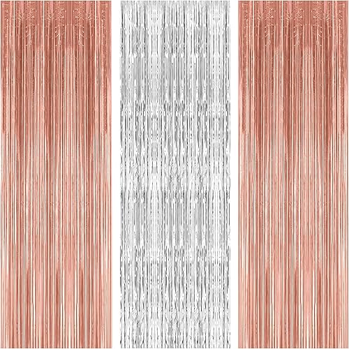 KatchOn, Cortina de flecos de oro rosa y plateado, extragrande, 3.2 x 8 pies, paquete de 3  Telón de fondo de flecos plateados  Cortina de fondo de