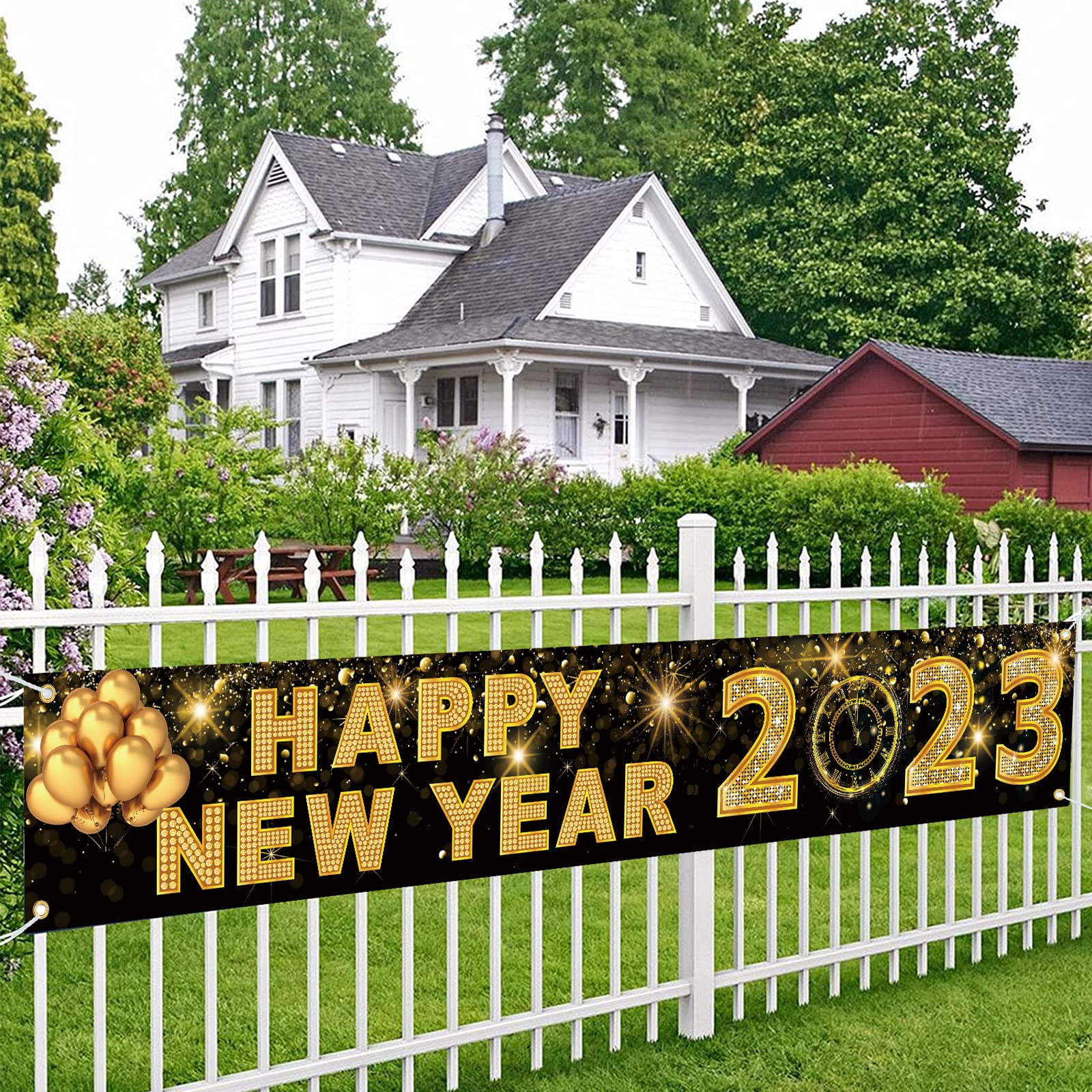 Happy New Year 2023 Banner Set - Black & Gold Party Decorations With Champagne & Fireworks Design