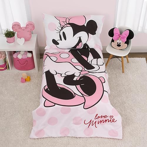 Minnie Mouse - Juego de cama para niños pequeños de 4 piezas con edredón, sábana bajera, sábana encimera, funda de almohada de tamaño estándar