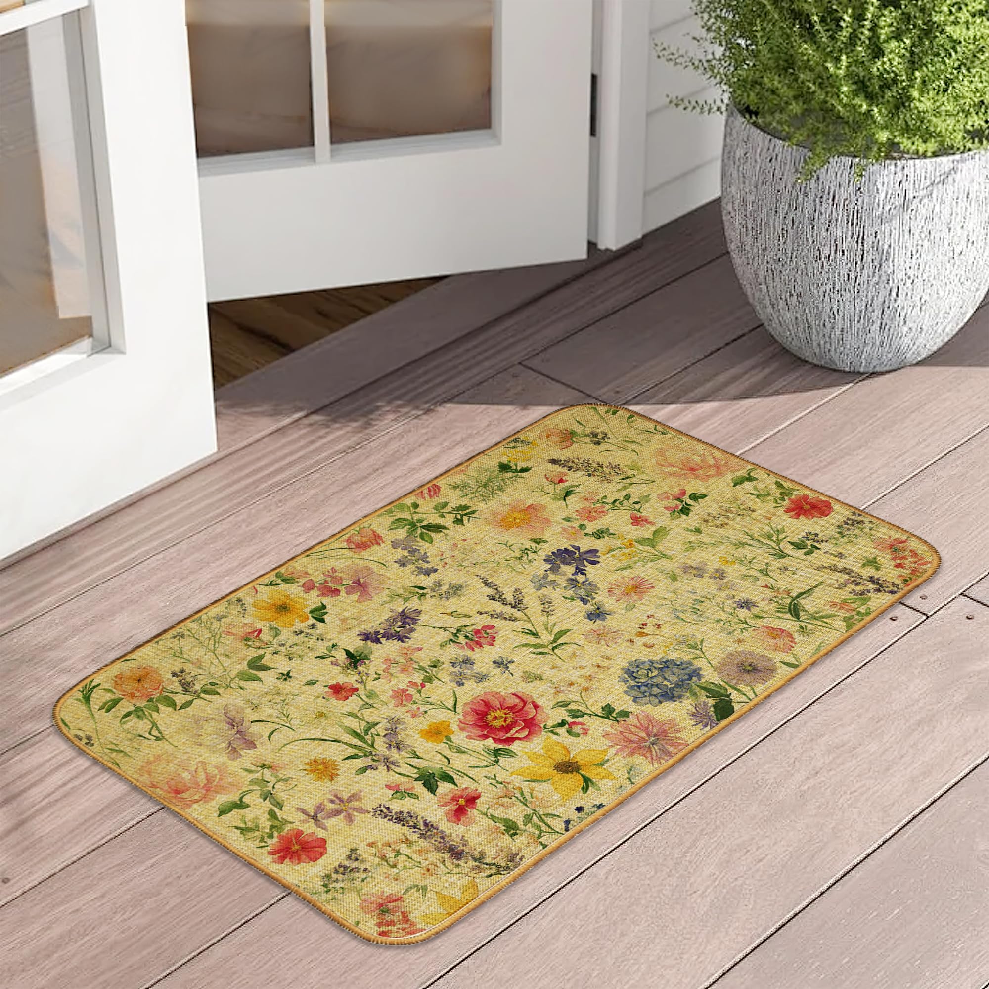Door Mat Wildflowers Floor Door Mats,Green Herbs Flowers Washable Doormat for Front Porch Decor,Linen Welcome Mats Indoor Outdoor Rug for Farmhouse/
