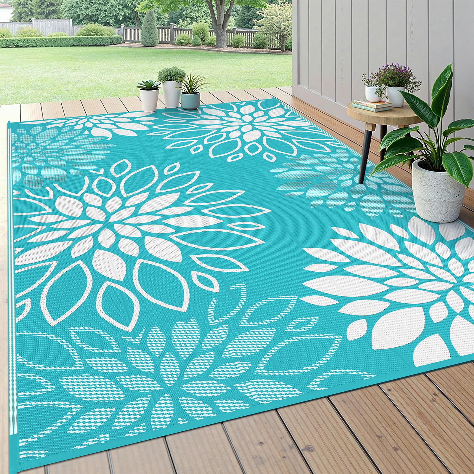 HEBE Waterproof Outdoor Rug 6'x9', Floral Reversible Plastic Patio Rug