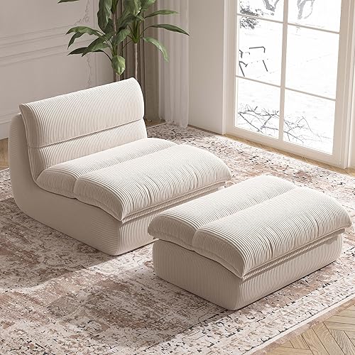 Miniatura 7 de Puf con otomana, acogedora y cómoda, de tela de pana ultra suave, silla de lectura con otomana para sala de estar, apartamento de dormitorio (beige)