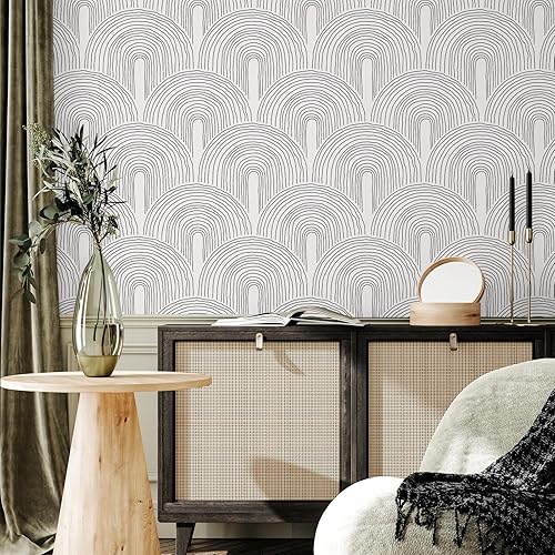 Miniatura 4 de VEELIKE Papel tapiz geométrico bohemio de arcos para despegar y pegar, estilo escandinavo, papel tapiz Art Deco para dormitorio, baño, pared