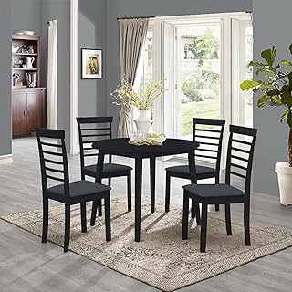 Hallowood Furniture Ledbury Small Round Drop Leaf Dining Table & Dining Chairs Set of 4 – Wooden Foldable Dining Table and Chair in Black – Folding Kitchen Table for Home, Office, Café, Lounge