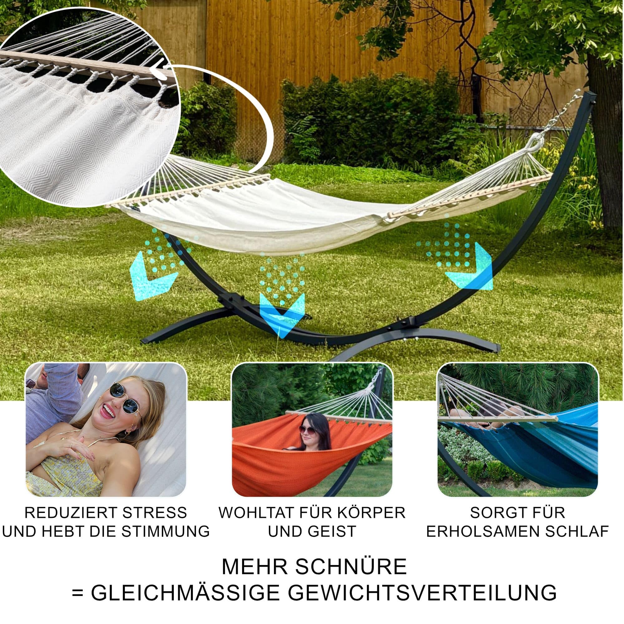 Potenza Outdoor Hängematte mit Gestell für 2 Personen I 100% Baumwolle Medelin Stabhängematte 215x140, 160kg I Hängemattengestell 220kg, wetterfest (Basic Gestell Graphit, Grau) Garten