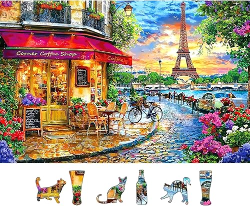 Paris Street 500 Piece Jigsaw Puzzle for Adults & Seniors, Eiffel Tower Cafe Scene Sunset, Romantic Parisian Landscape Travel Art, Family Puzzle with Letters on Back(23" x 15")